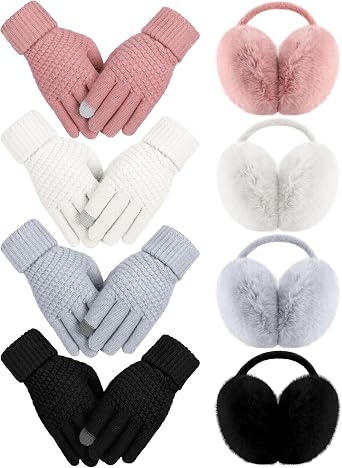 Suhine 8 Pieces Winter Ear Muffs with Gloves Sets Women Include 4 Pcs Soft Fuzzy Outdoors Adjustable Earmuffs 4 Pairs of Warm Gloves in Cold Weather for Women Girls