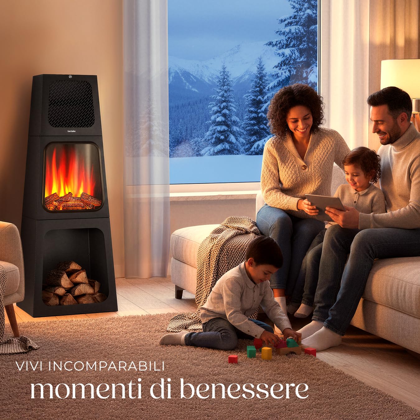 tectake® Caminetto elettrico, 45 x 120 x 35 cm, Camino Elettrico da pavimento, 2 livelli di calore 900/1800 W, termostato, effetto fiamma fuoco finto 3D, riscaldamento regolabile, Stufa Elettrica