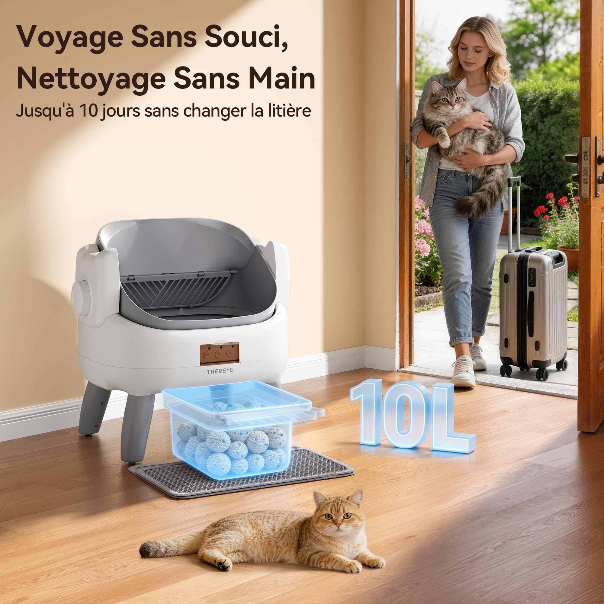 Thereye Litière Automatique Auto-Nettoyante, Litière pour Chat Autonettoyante 10L, 11 Capteurs Anti-Pincement, WiFi 2.4GHz App, Triple Anti-Odeur, Marche d’accès, Silencieux <35dB