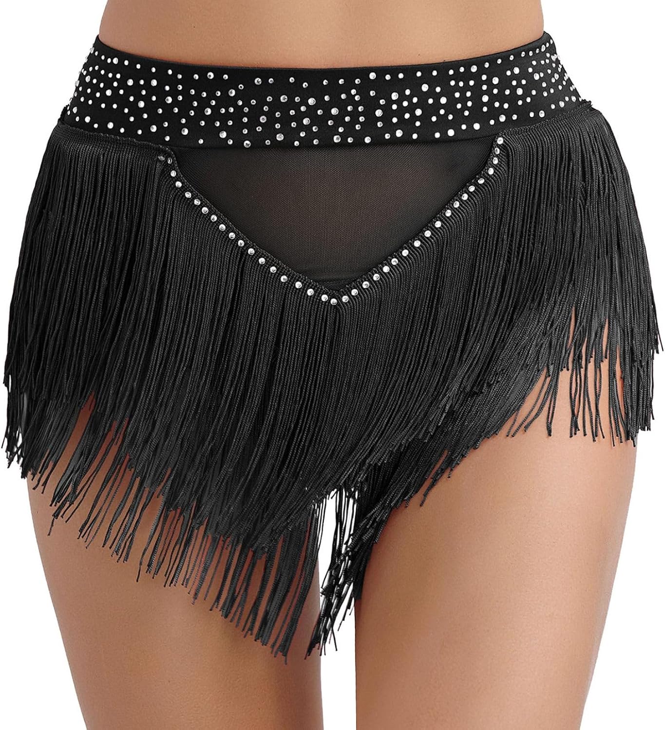 Women's Fringe Shorts Shiny Rhinestone Tassel Belly Dance Shorts High Elastic Rave Bottoms