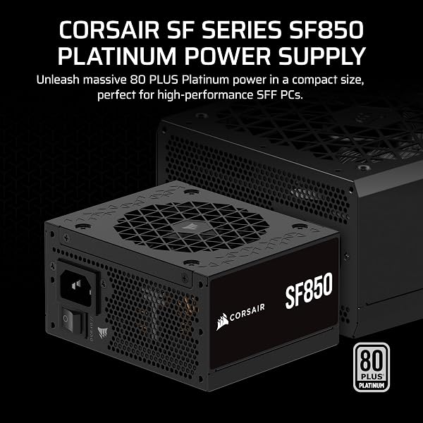 Close-up of the CORSAIR SF850 (2024) PSU showing its compact SFX form factor and modular connectors.