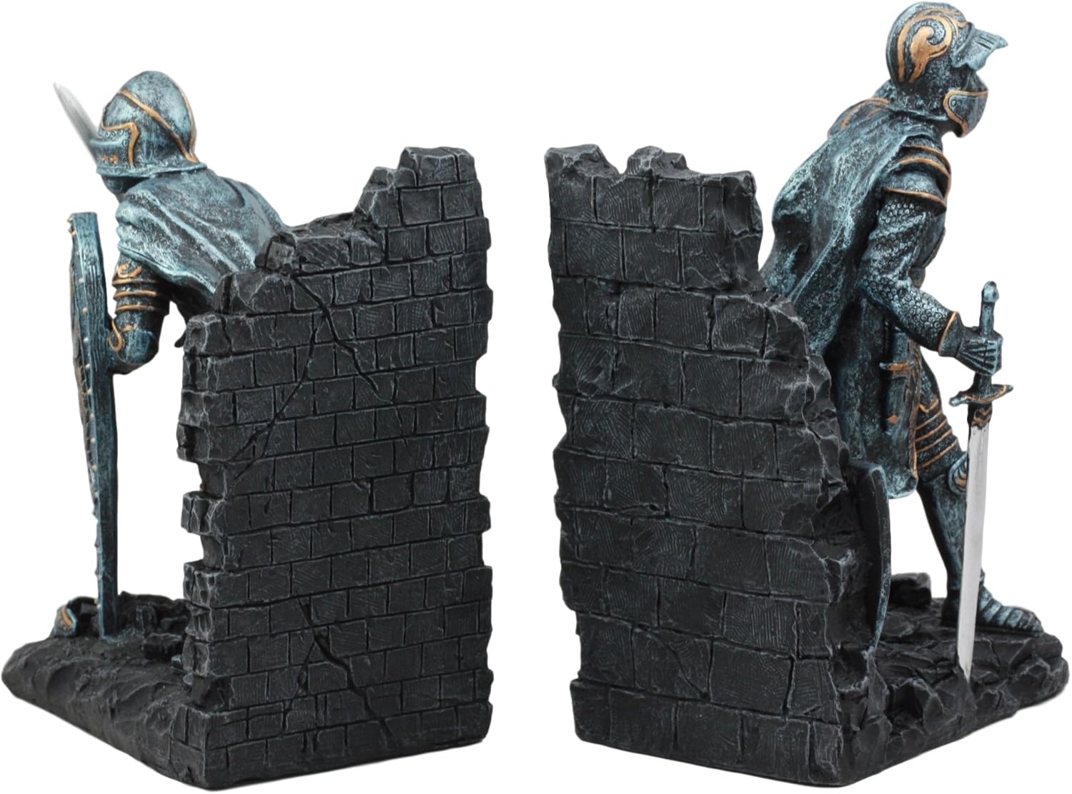 Ebros Medieval Dragon Heraldry Knight Bookends Statue 8" Tall Set Suit of Armor Swordsman Warrior with Heraldry Shield Renaissance Age of Kings Decorative Bookends Sculpture