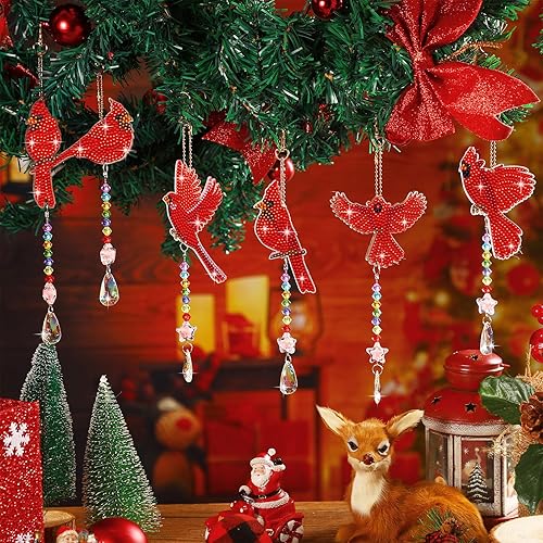 Miniatura 2 de Tradder Juego de 6 piezas de arte de diamantes para adultos, campanillas de viento, atrapasoles de doble cara, adornos cardenales de pájaro con