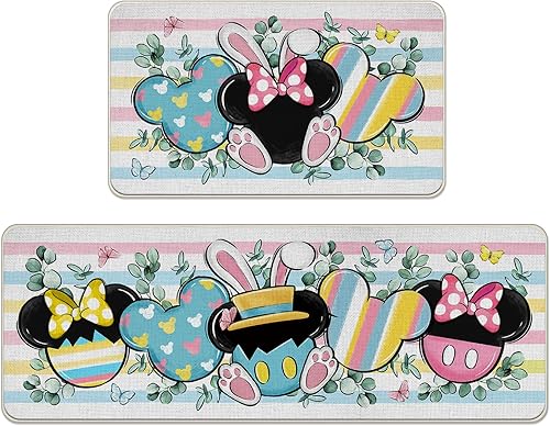 Tailus Juego de 2 alfombras de cocina de ratón de dibujos animados de Pascua, orejas de conejo, hojas de eucalipto, mariposas, alfombras de cocina,