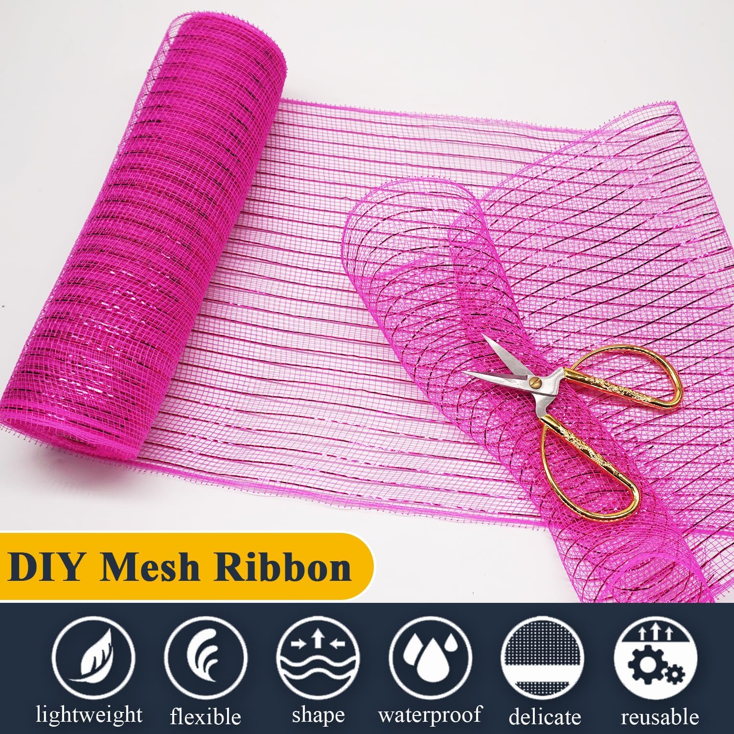 2 Pcs Hot Pink Deco Mesh Ribbon Rolls 10 Inch 10 Yards(30 ft) Decorative Mesh Fabric with Foil for Wreaths Christmas Tree Ribbon Door DIY Craft Halloween Decor Wedding Party Supplies (Hot Pink, 2Pcs)