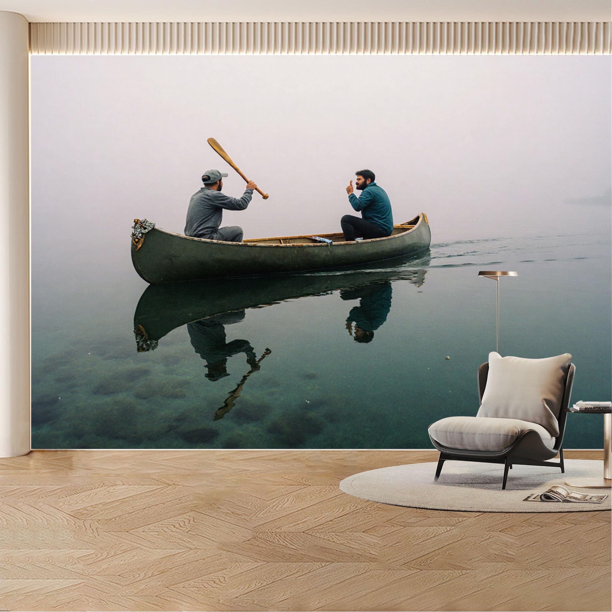 Custom Wall Mural Wallpaper Canoeing Lake Landscape， Nature， Large Wall Art， 3D Effect， Misty Minimalist Removable SelfAdhesive Large Photo for Living Room， Bedroom， Office