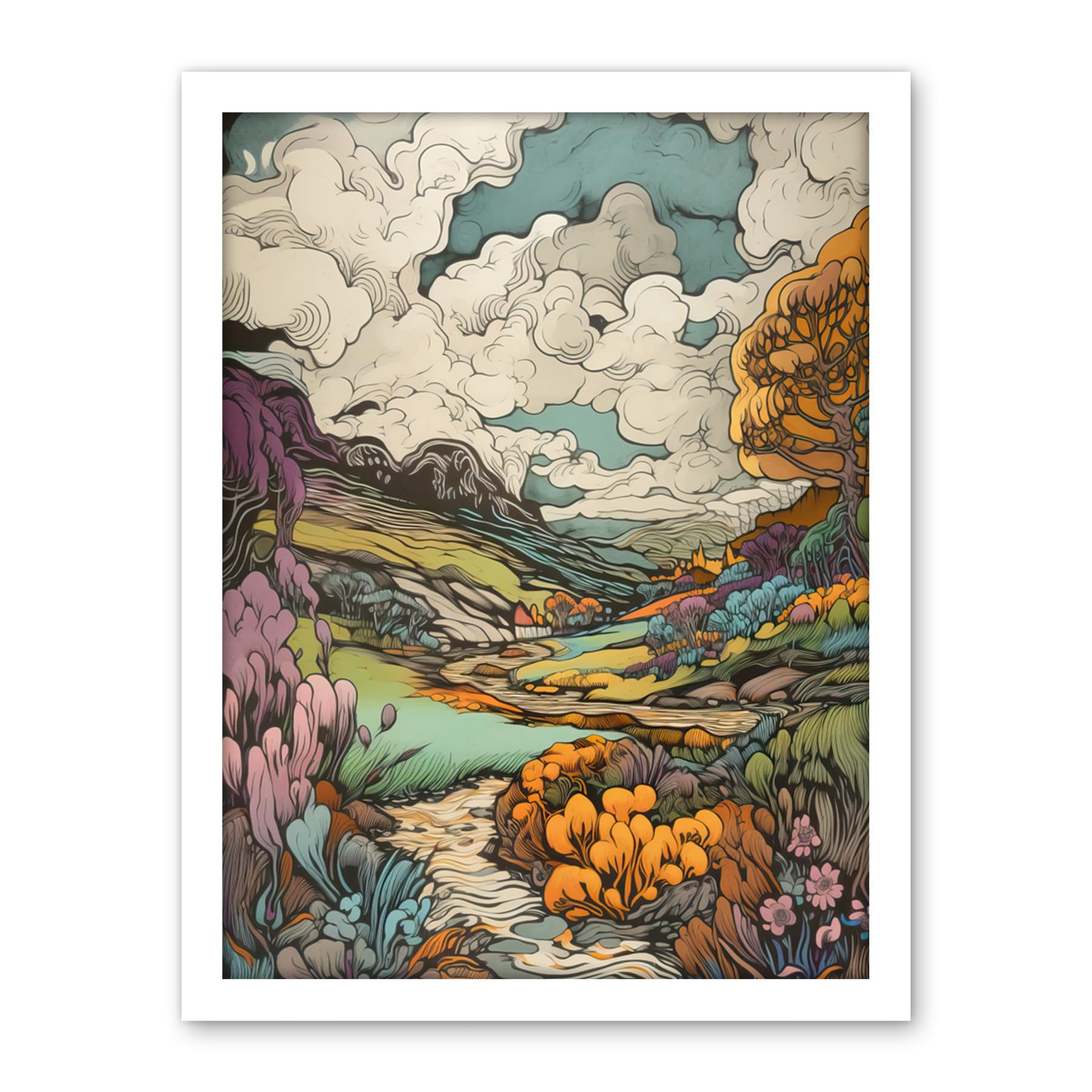 Artery8 Meadow River Multicoloured Landscape Illustration Artwork Framed Wall Art Print 18X24 Inch