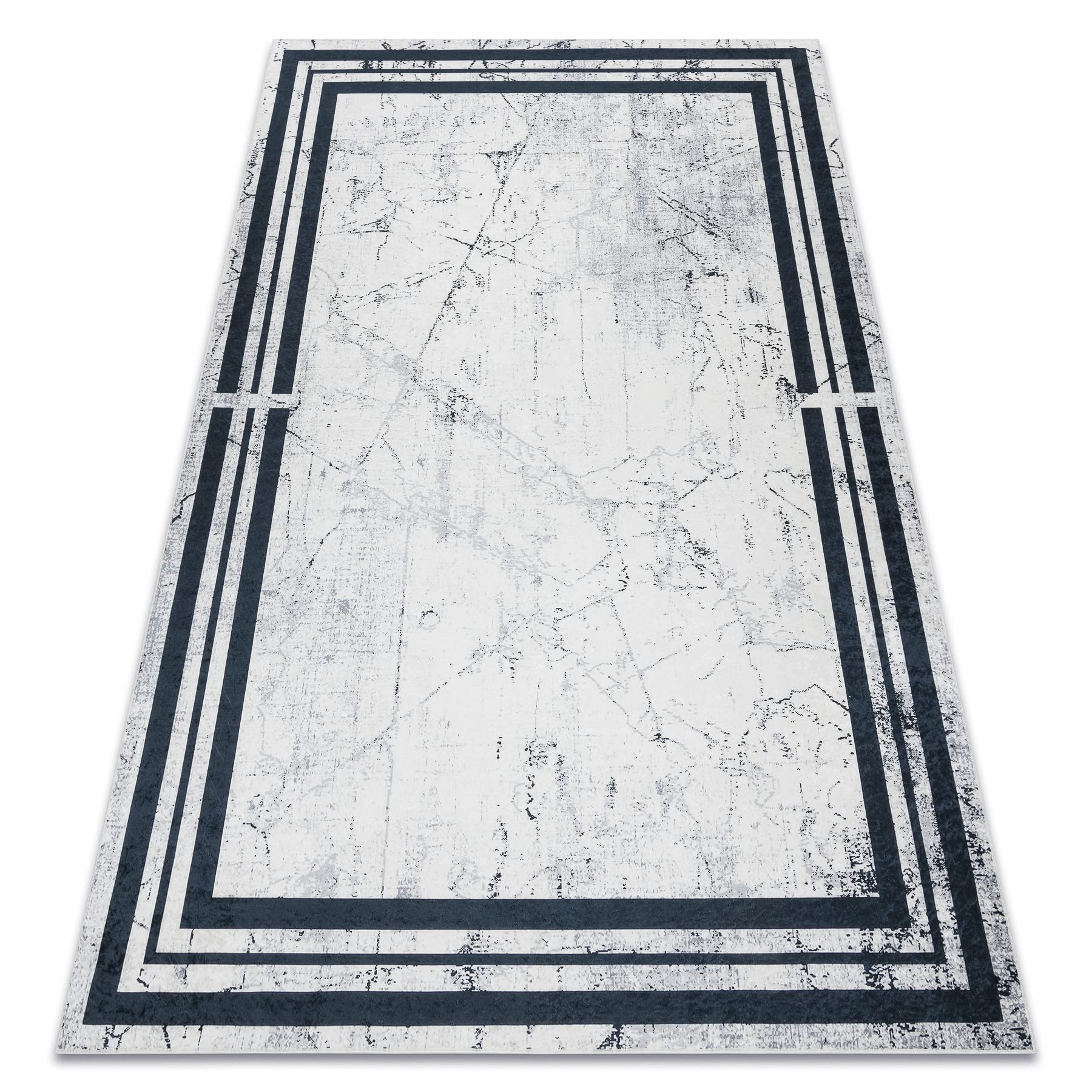 rugsx Tapis Moderne Lavable Andre pour la Chambre des Enfants, Le Salon, l'entrée, Moquette Lavable en Machine, Cadre, Marbre, antidérapant - Noir/Blanc 160x220 cm