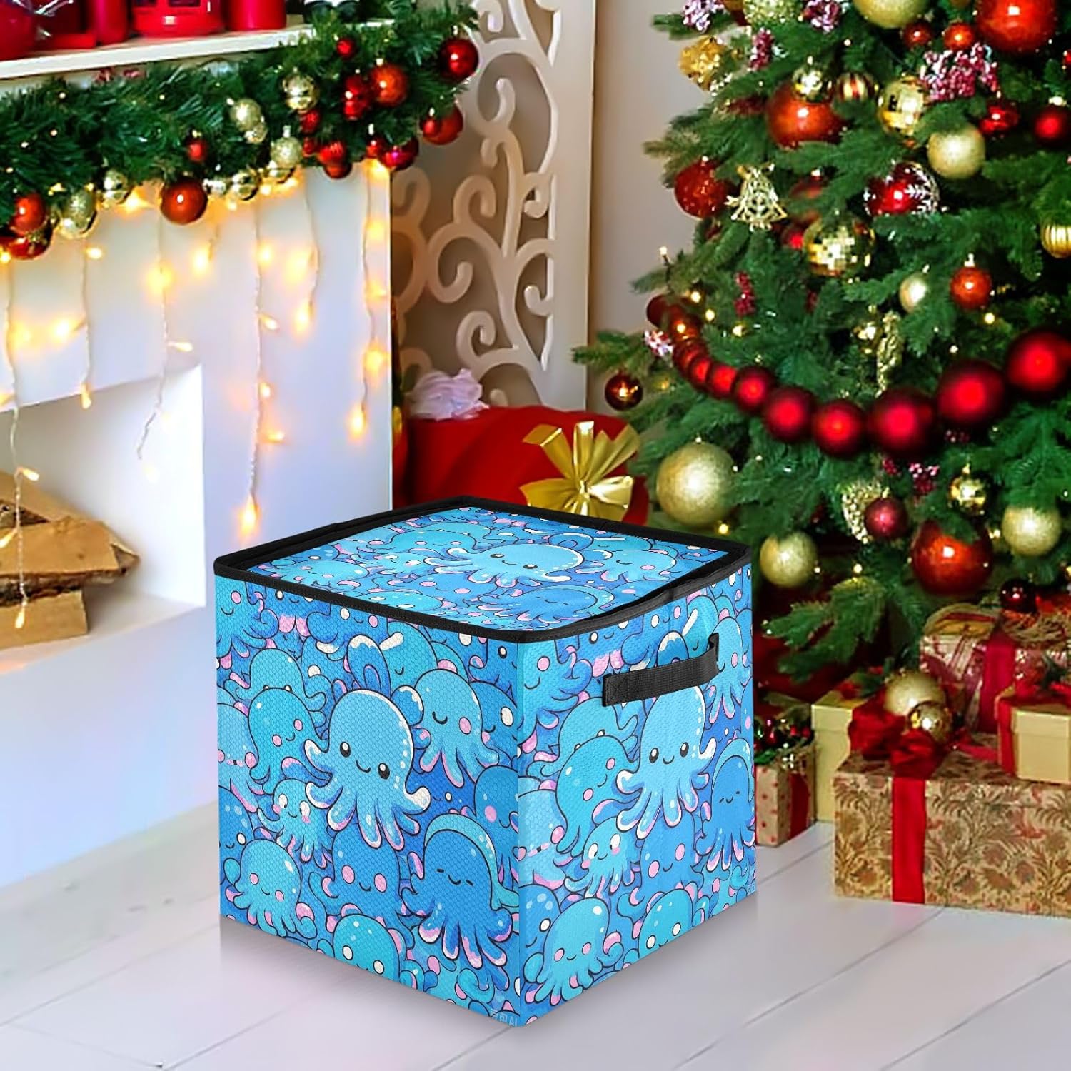 High Capacity Christmas ornament organizer storage Holds Up to 64, Adjustable Dividers, Zippered Top, Two Handles Large Holiday Storage Case with Lid,Cute Cartoon Blue octopodes