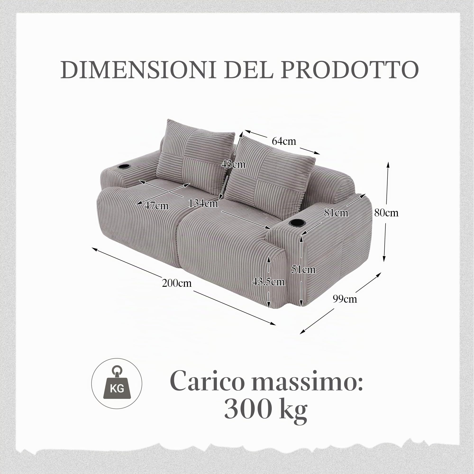 Divano modulare in cordicella per 2 persone, liberamente combinabile, confezionato sottovuoto, con portabibite e tasca laterale. Ideale per soggiorno, camera familiare e altri ambienti. Grigio