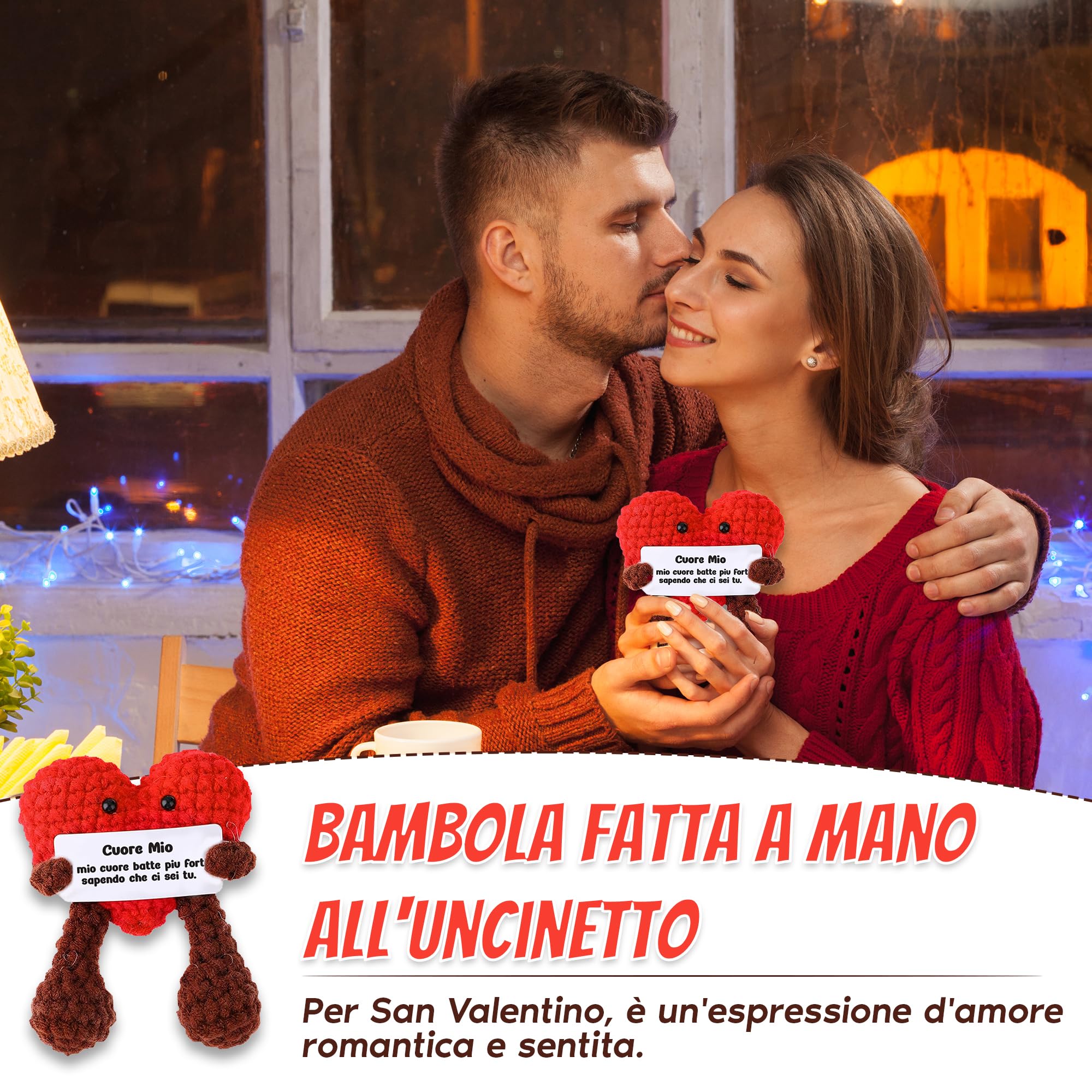 WELCOMAT Cuore Mio, Messaggio Romantico in Italiano, Mini Bambola, Idea Regalo per Anniversario, Mesiversario, Coppia, Amici, Coppia, Lavorata a Maglia Patata Positiva