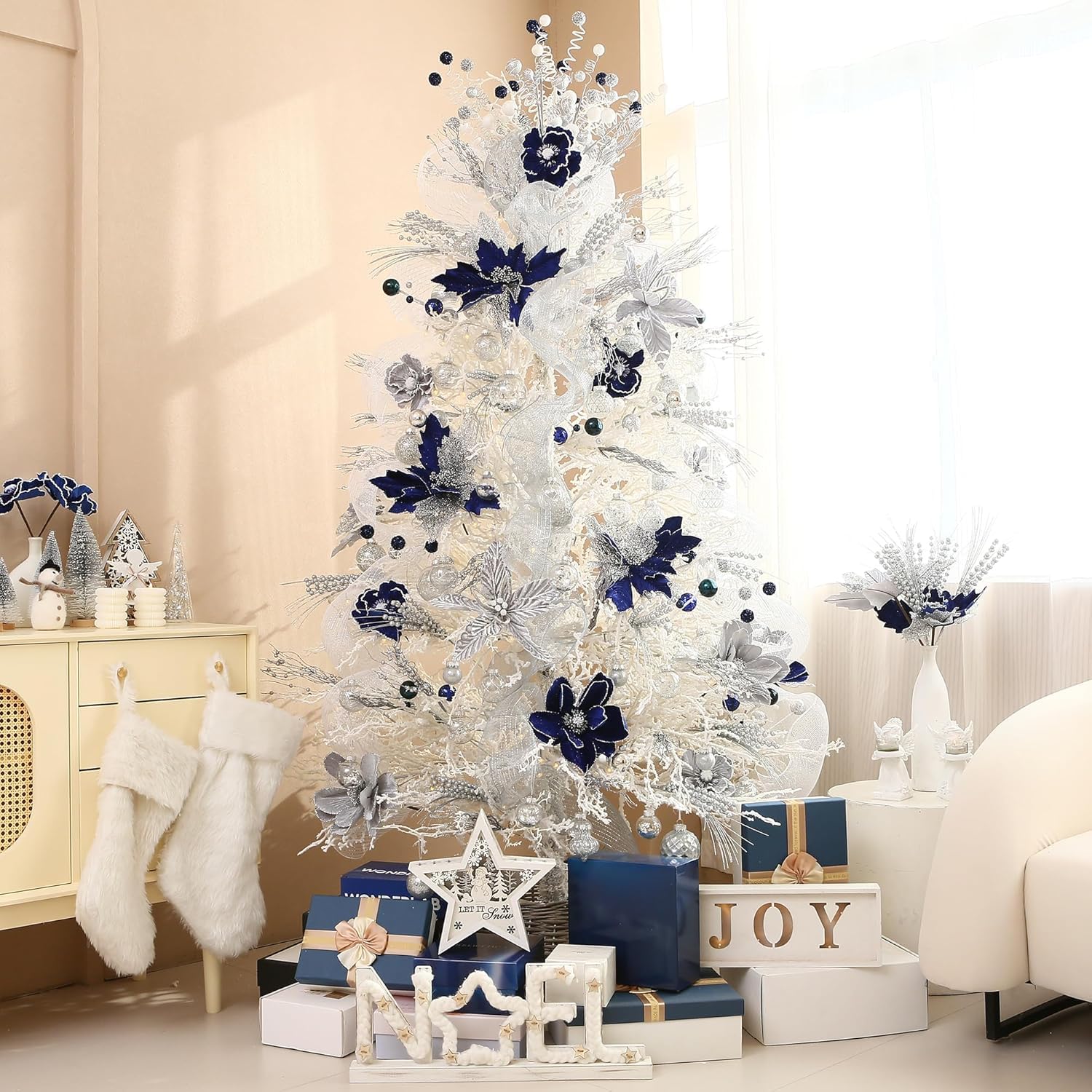 Decorazioni Natalizie Fiori Di Magnolia Glitter Argento - Confezione Da 12, Per Albero E Ghirlande - Foto 3