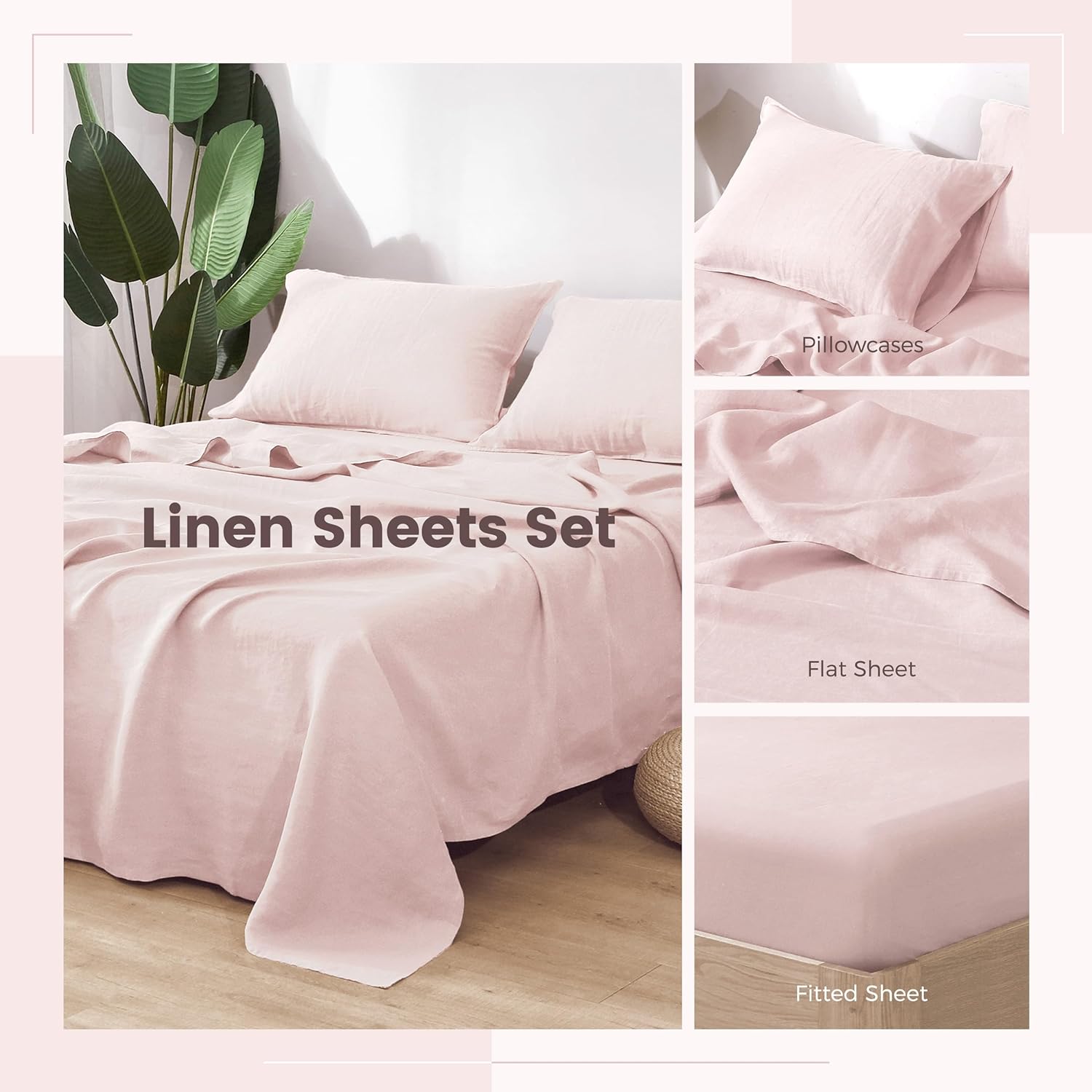 Linen World King Size Linen Sheet Set – 4Pcs Solid Color 100% Natural Flax Bedding Sheets, Soft & Breathable, 16" Deep Pocket, All-Season Comfort (Baby Pink)