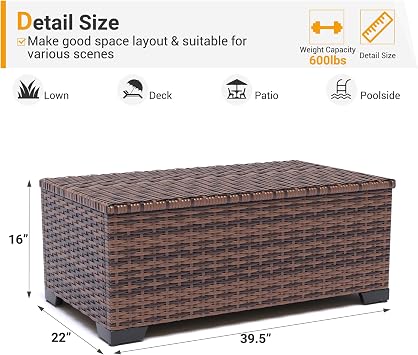 UDPATIO Outdoor Storage Table Patio Coffee Table All Weather Wicker Side Table with Waterproof Covers Rattan Furniture for Toys and Garden Tools