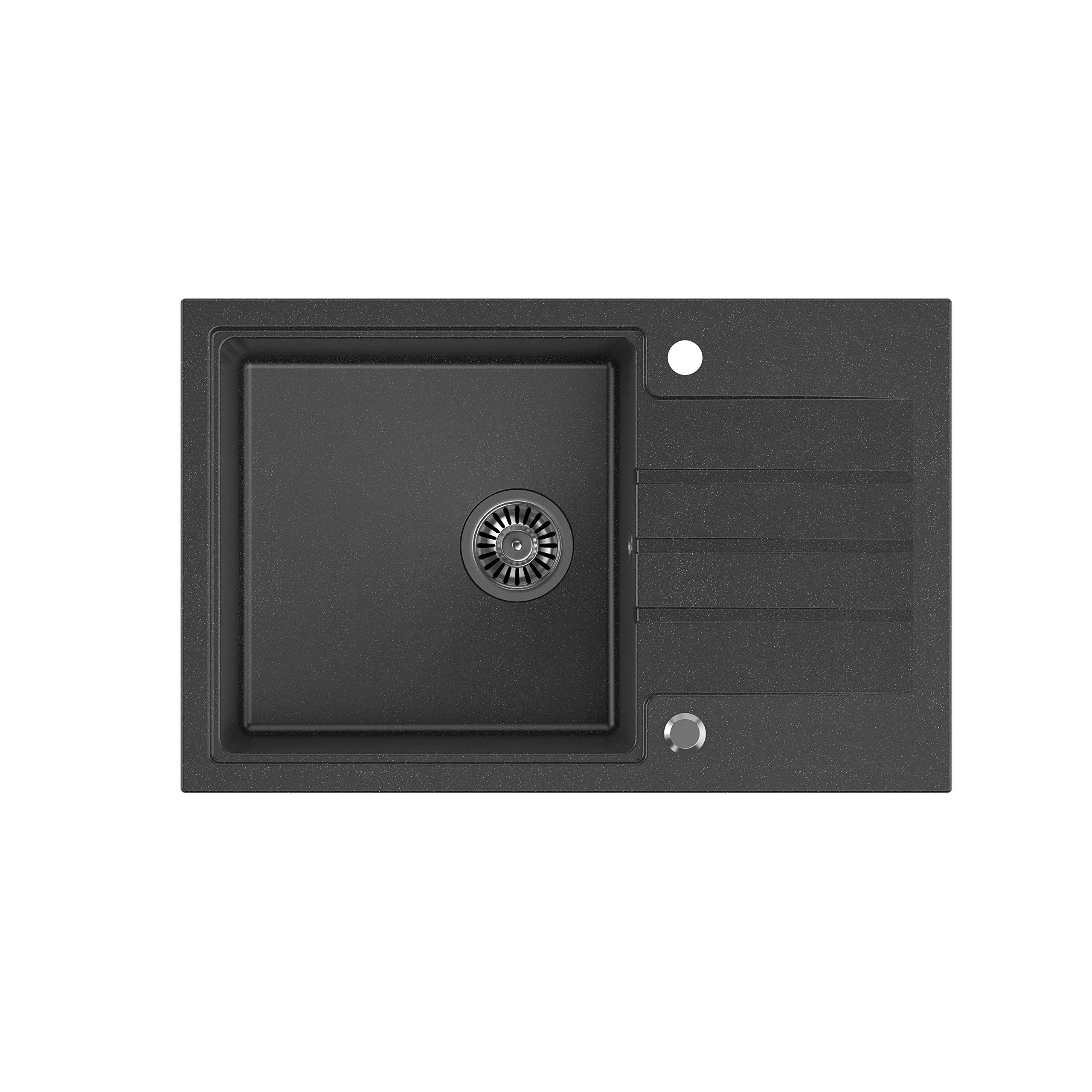 VBChome Spüle mit Armatur 78 x 50 cm Tiefes Becken 20cm Schwarz Küche Große Abtropfflache Unterschränke ab 55 cm Einbauspüle Verbundspüle Küchenspüle Einzelbecken + Siphon Wasserhahn