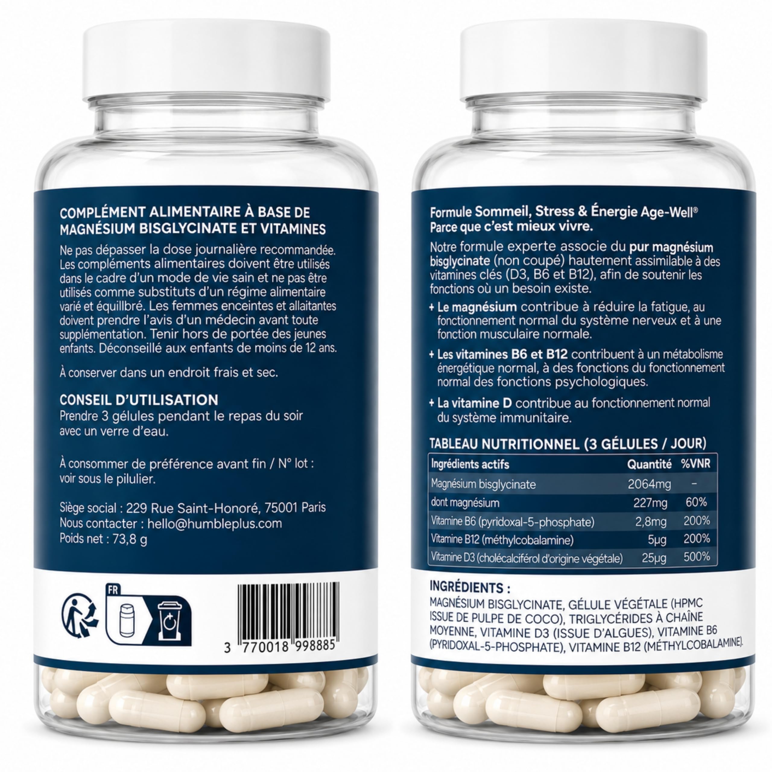 HUMBLE+ Magnésium Age-Well® - Magnésium Bisglycinate Pur Haute Biodisponibilité + Vitamines D3, B6 et B12 Actives - Réduction de la Fatigue et Système Nerveux - 90 Gélules - 1 Mois