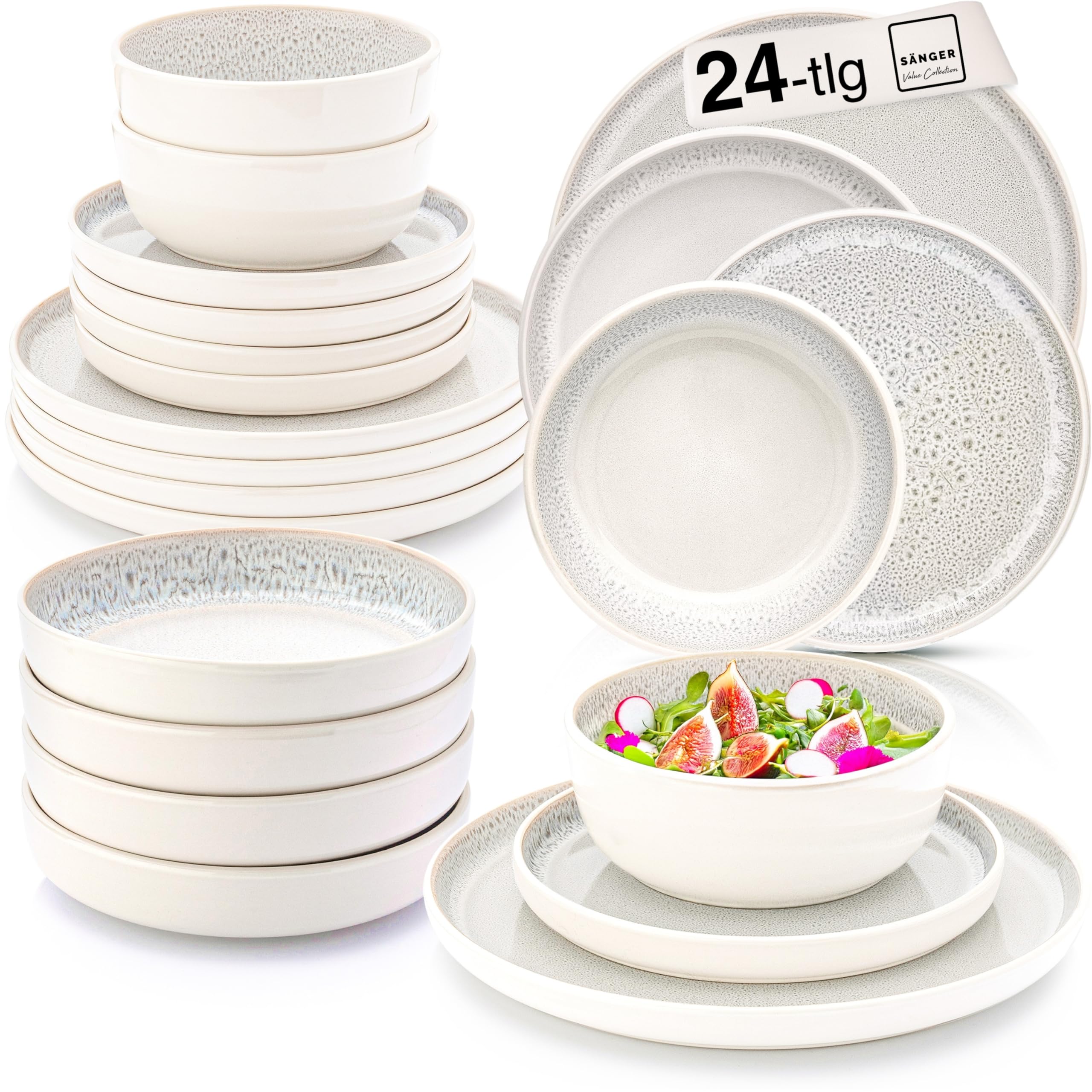 SÄNGER Kreta | Tafelservice 24 teilig, Steingut Geschirr Set 6 Personen, 6x Teller Set 6x Frühstücksteller 6x Tiefe Teller 6x Pastaschalen blau mit creme | VALUE COLLECTION