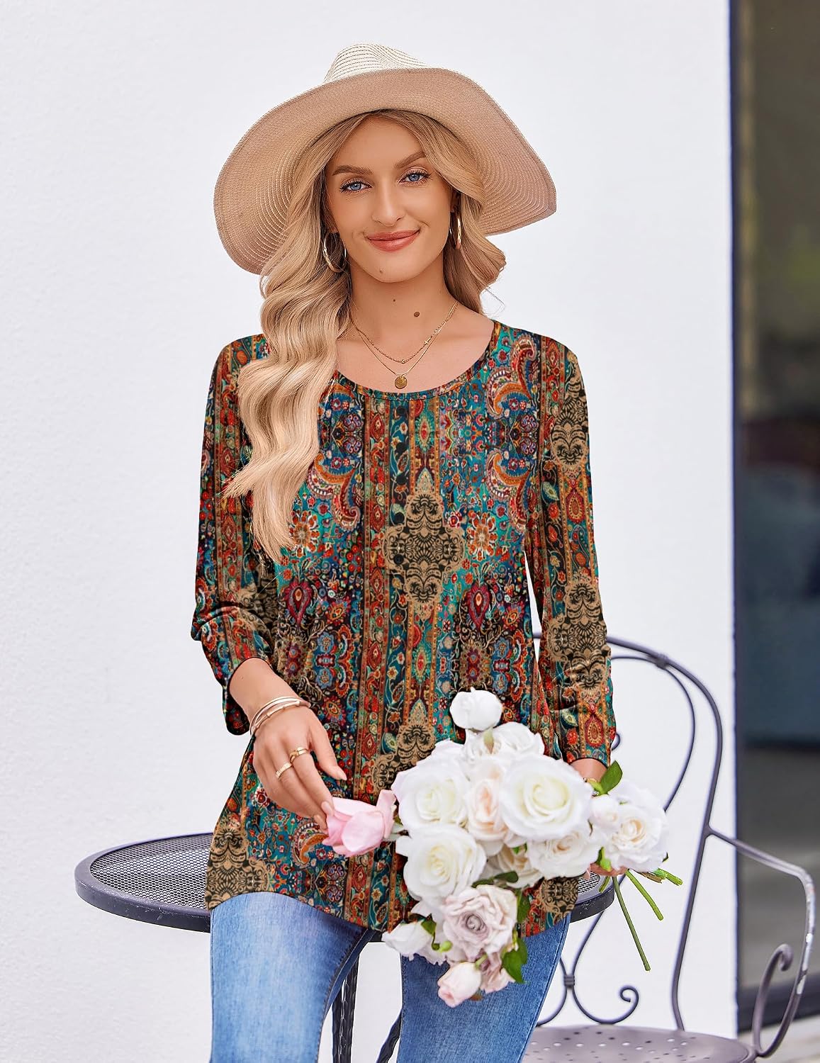  3/4 Length Sleeve Womens Tops Round Neck Casual Summer Tunic Tops Basic Tees Blouses Dressy T-Shirts Pleated Shirts thumbnail