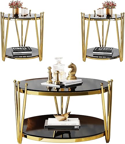 Juego de 3 mesas de centro de cristal negro de lujo, mesa auxiliar redonda dorada moderna para sala de estar, diseño de corona de acero inoxidable,