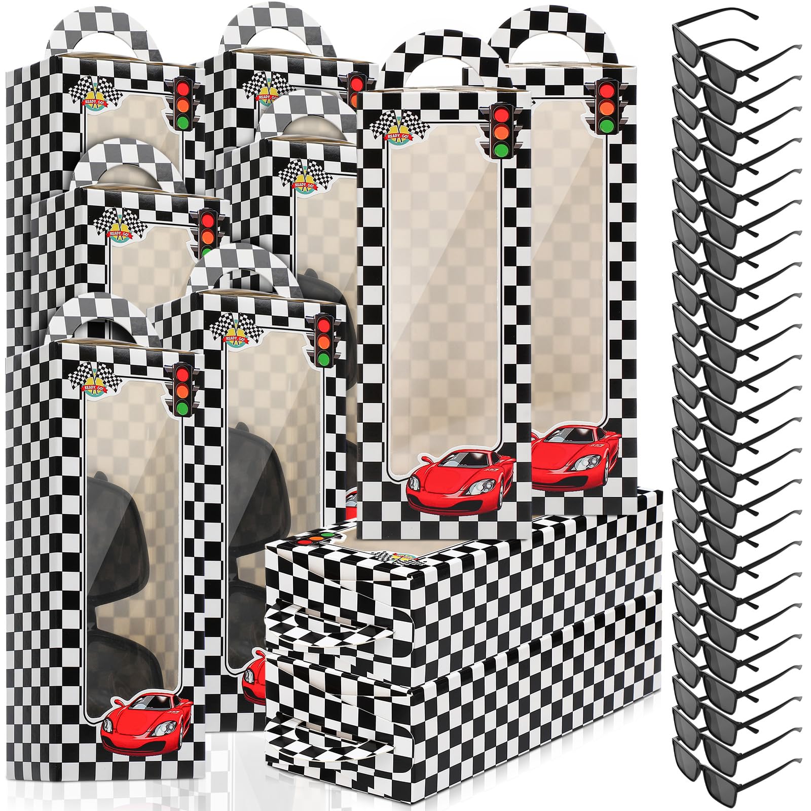 Photo 1 of Fuyoooo 48 Pcs Racecar Checkered Party Favors 24 Pcs Black Funny Sunglasses 24 Pack Checkered Racing Boxes, Race Car Party Favors Essentials Race Car Birthday Supplies