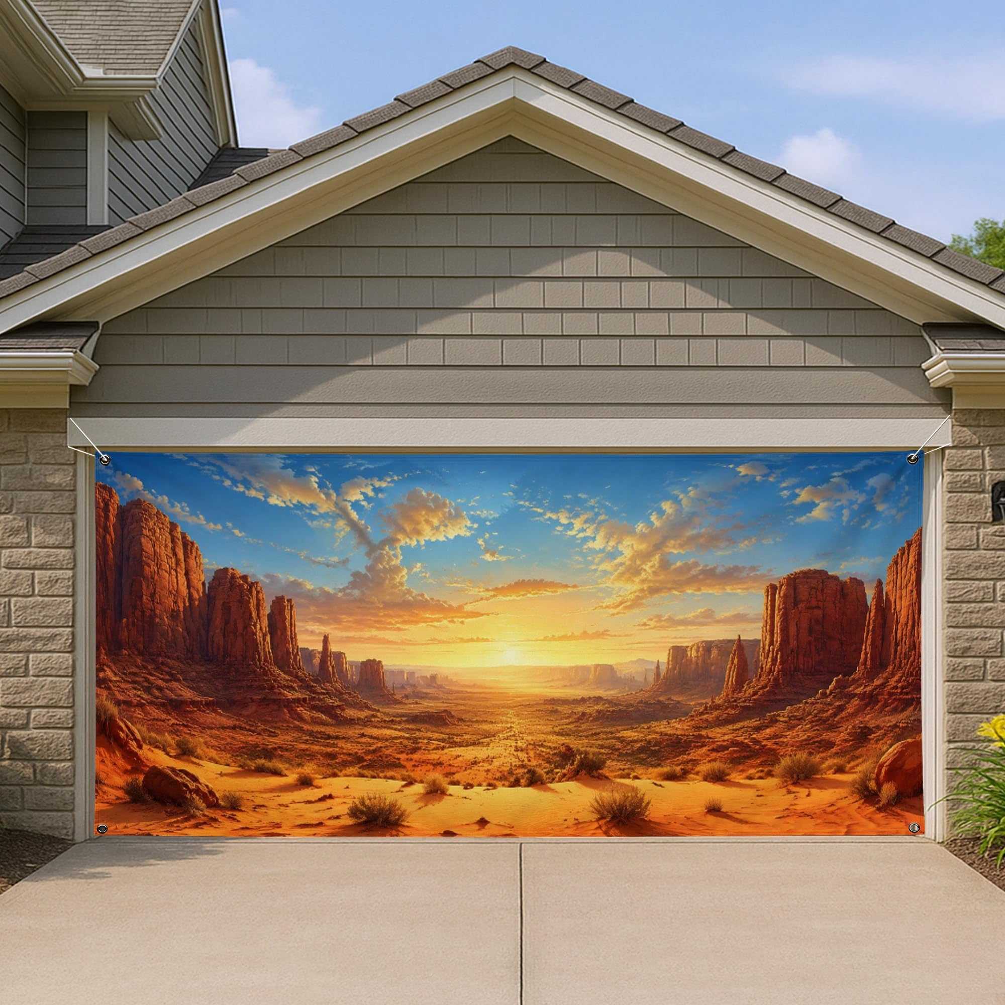 Housse de porte de garage pour masquer une façade usée avec un grand canyon