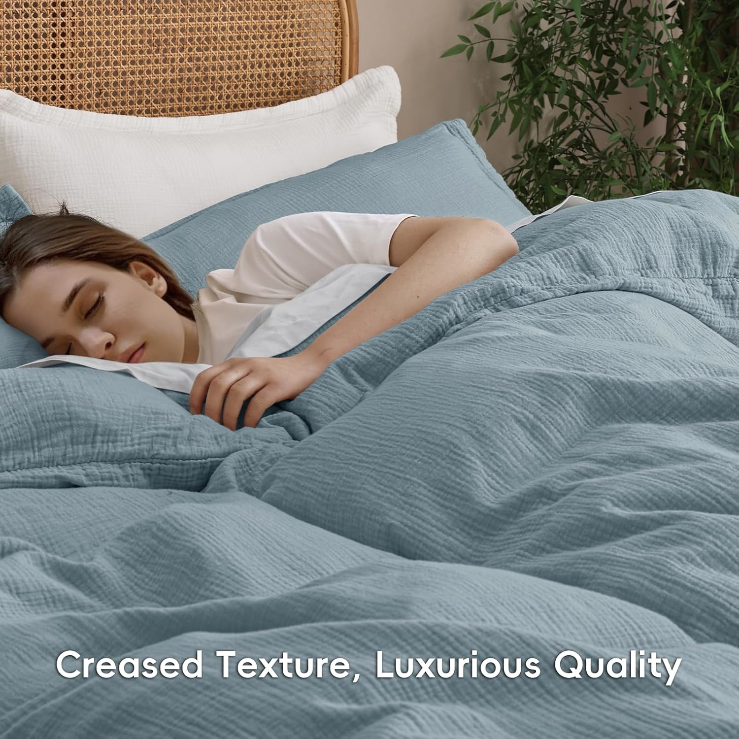 PHF 100% Natural Cotton Muslin Duvet Cover Set Queen Size, Ultra Soft Breathable Absorbent, Luxurious Minimalist Gauze Bedding for All Season, Duvet Set with 2 Pillow Shams, 90" x 90", Dusty Blue