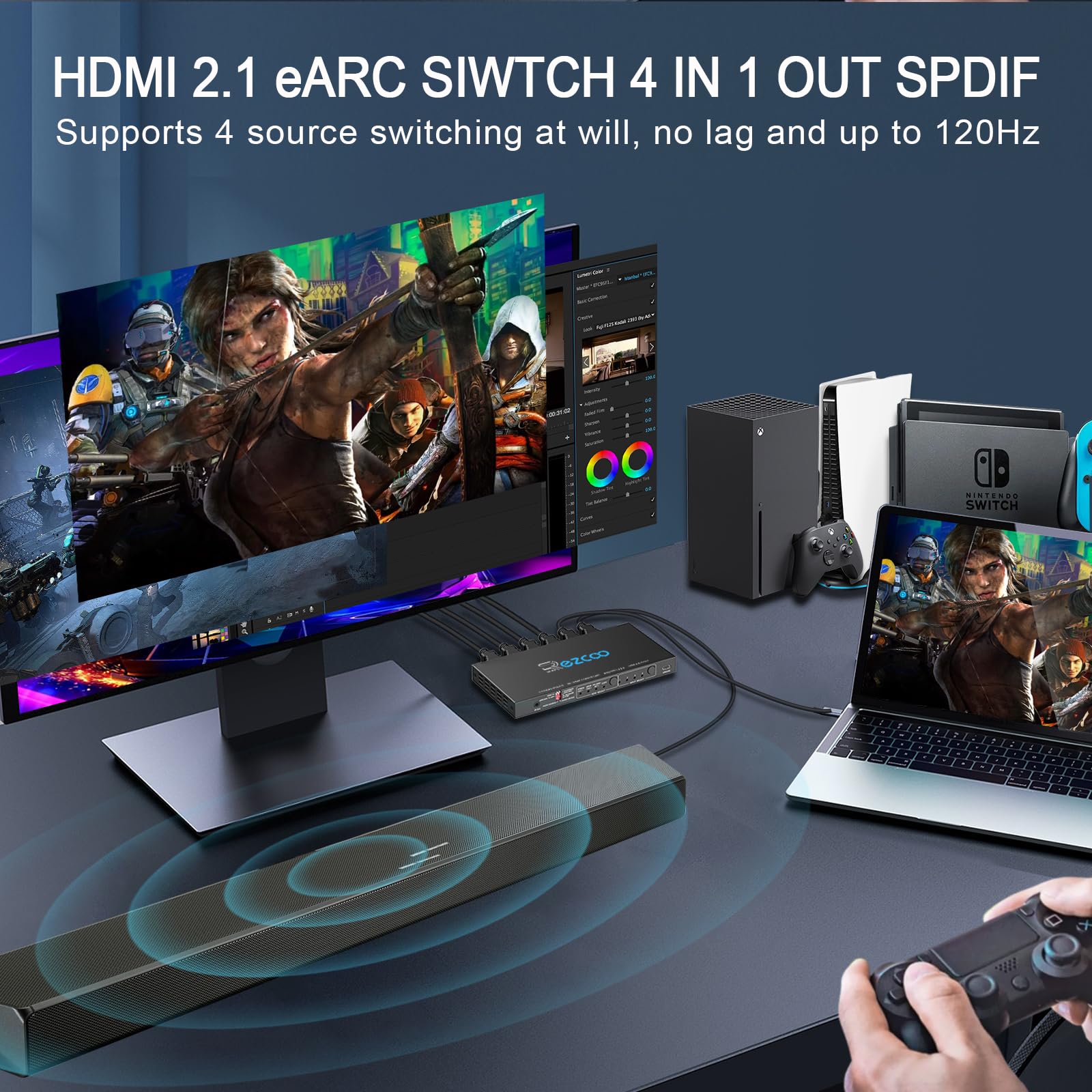 HDMI 2.1 eARC Switch 4K 120Hz 4x1 Estrattore Audio VRR ALLM HDCP2.3 ARC HDR10 Ottico SPDIF Ottico e Uscita Audio da 3.5mm, Commutatore HDMI 4 IN 1 OUT Telecomando IR Dolby Digital EDID per PS5 XBOX NV