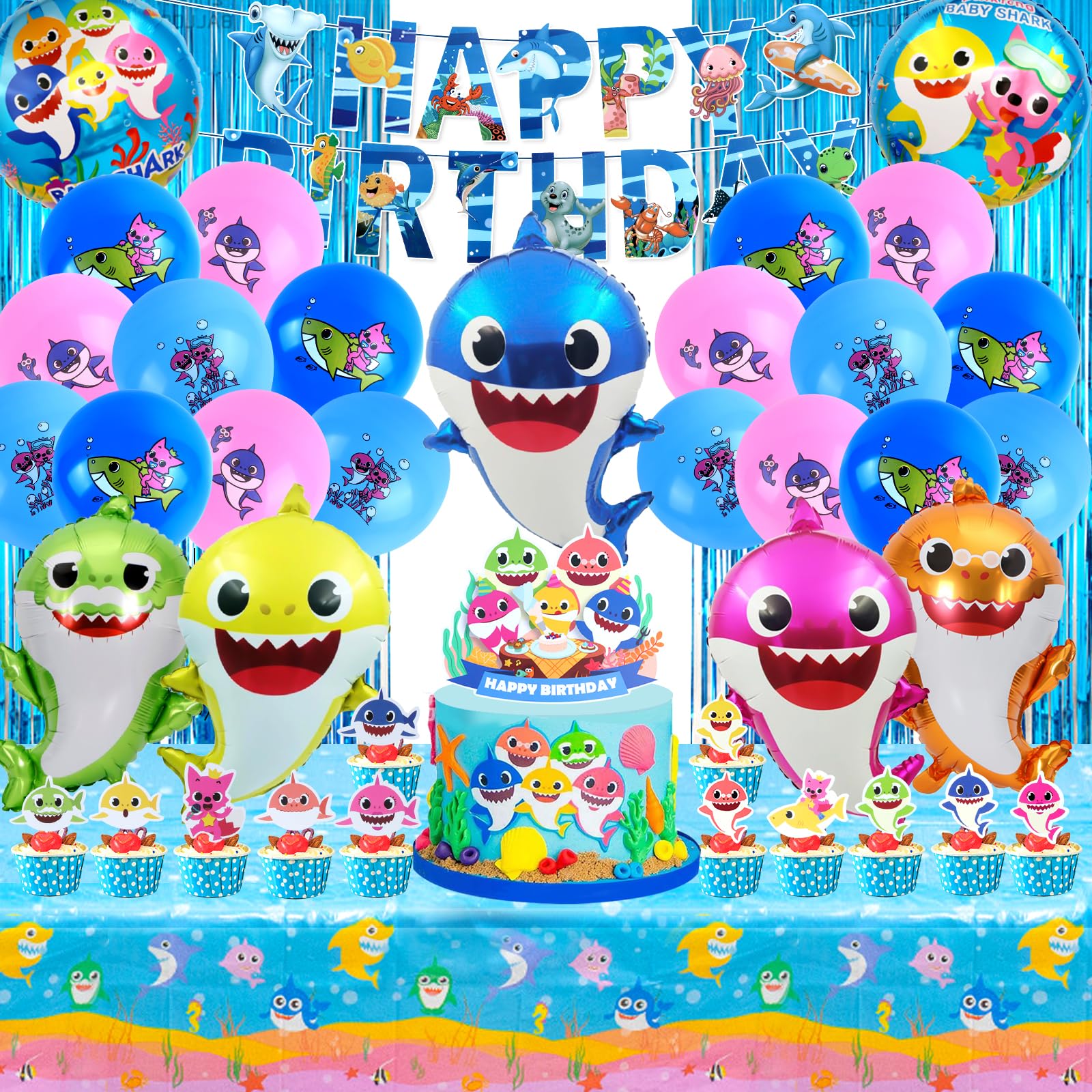 Shark Birthday Decoration, Baby Cake Decoration, Balloons, Shark Decoration Children's Birthday, Birthday Tablecloth, Birthday Decoration Set for Children
