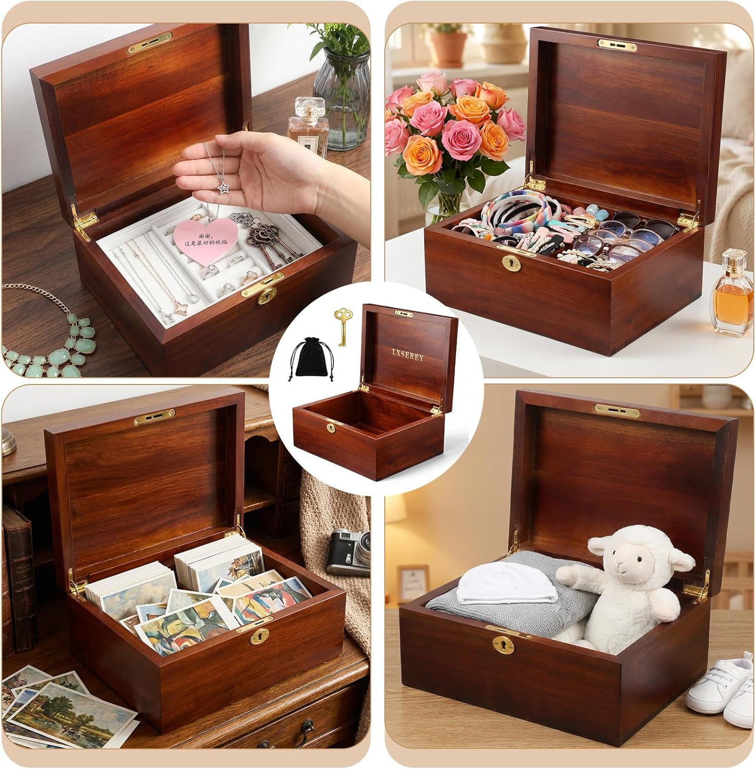 Wooden Storage Box with Hinged Lid and Locking Key Large Memory Box For Keepsakes Acacia Wood Boxes Memory treasure Wood Boxes for Recipes Decorative Storage or as Keepsake, 11" x 8.7" x 4.7"