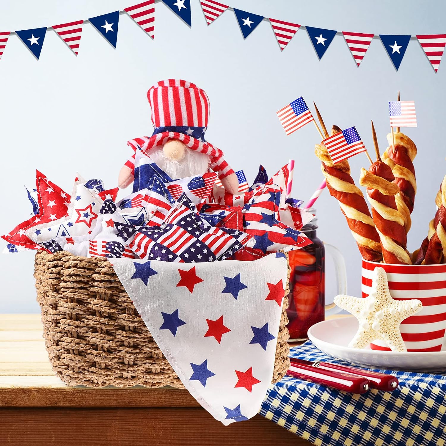 Oudain 15 Pcs Large 5 Inch Patriotic Star Tree Ornaments Stuffed Fabric Star 4th of July Memorial Day American Flag Decor Vase Filler Ornaments for Independence Day, Red White and Blue (Retro)