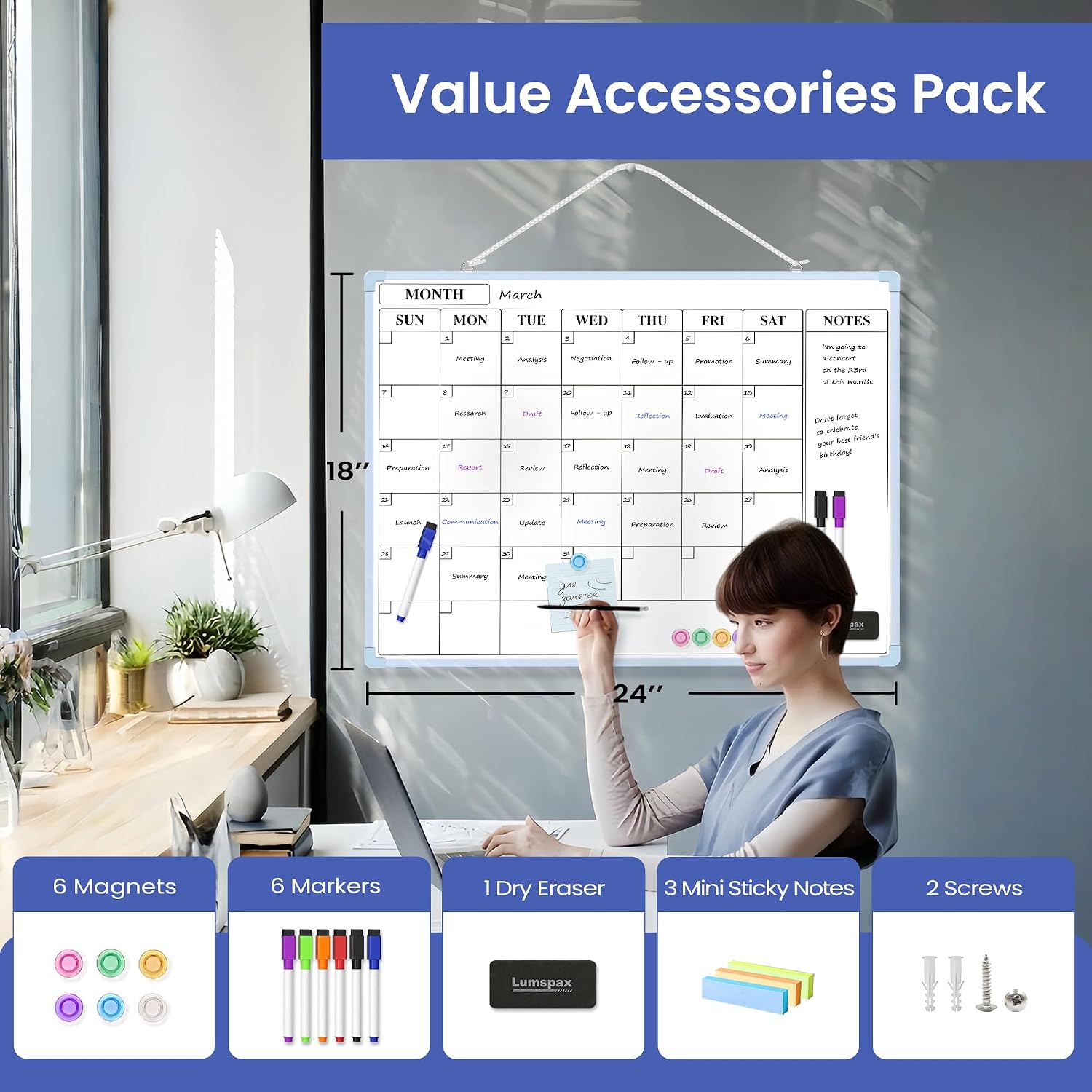 Monthly Whiteboard Calendar for Wall, 24" x 18" Dry Erase Board with Plastic Frame, Hanging Dry Erase Calendar with 3 Mini Sticky Notes for Kitchen Planner, Memo, Home and Office, Blue