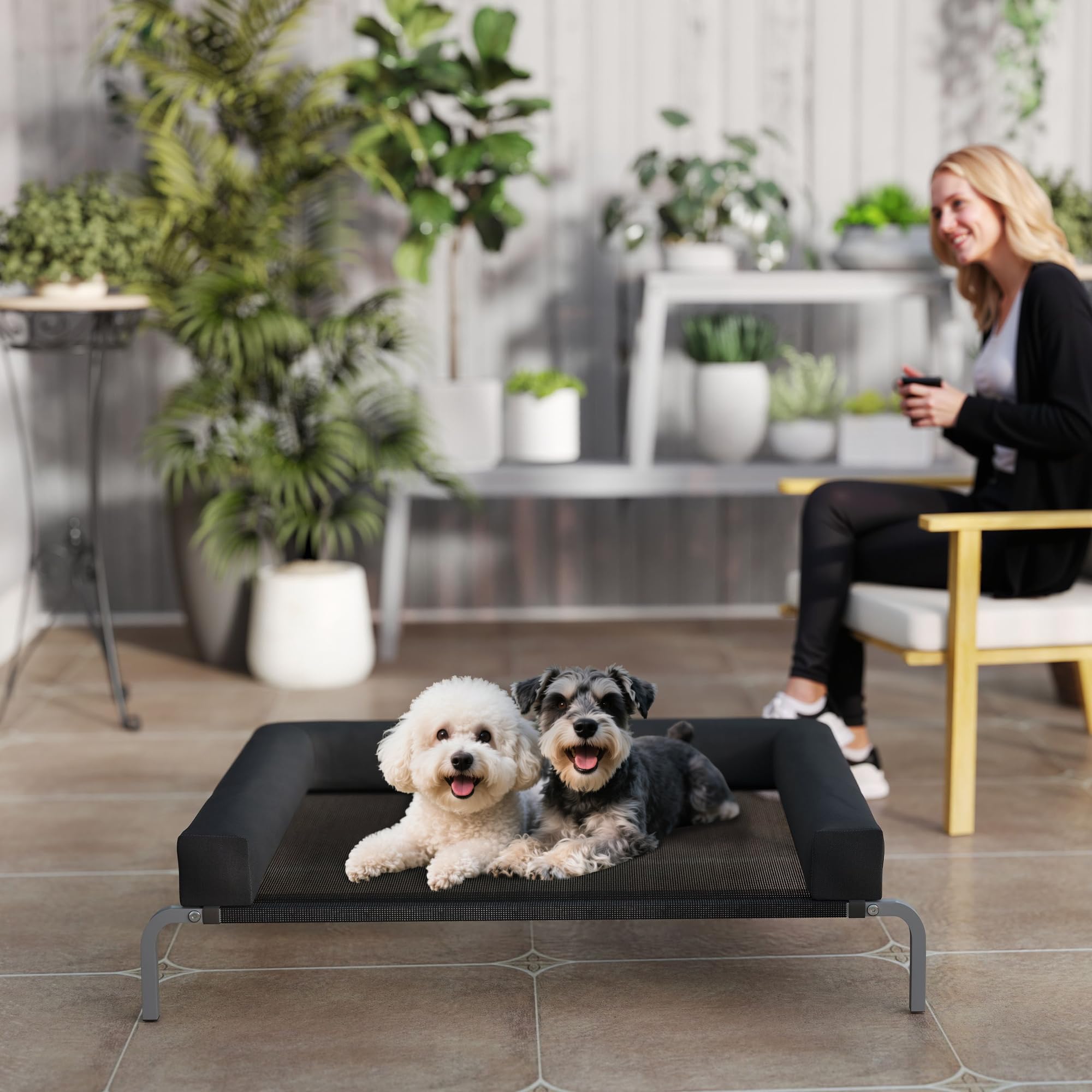 PawHut Brandina per Cani di 19.5 cm con Cuscino Lavabile a U, Lettino per Cani Rialzato in Tessuto Oxford, Texteline e Acciaio, Letto per Gatti da Interno, 110x75x30 cm, Nero e Argento