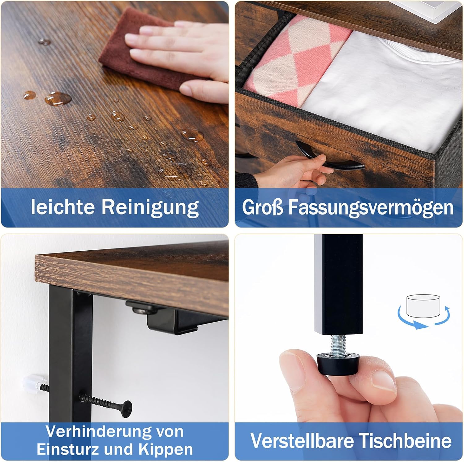 Images showing easy cleaning of the wooden surface, large storage capacity of drawers, anti-tip mechanism, and adjustable feet.