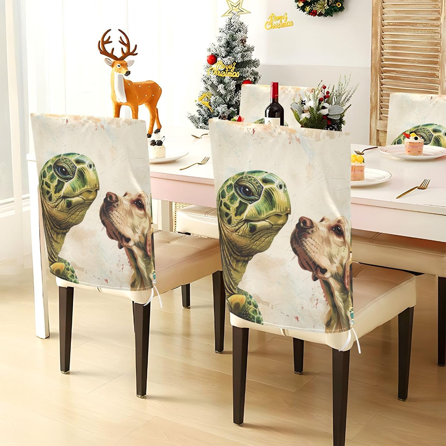 ALAZA Cool Turtle and Cute Dog Chair Back Cover Set of 6, Washable Reusable Removable Chair Slipcovers Decorative Chair Cover for Home Kitchen Wedding Party