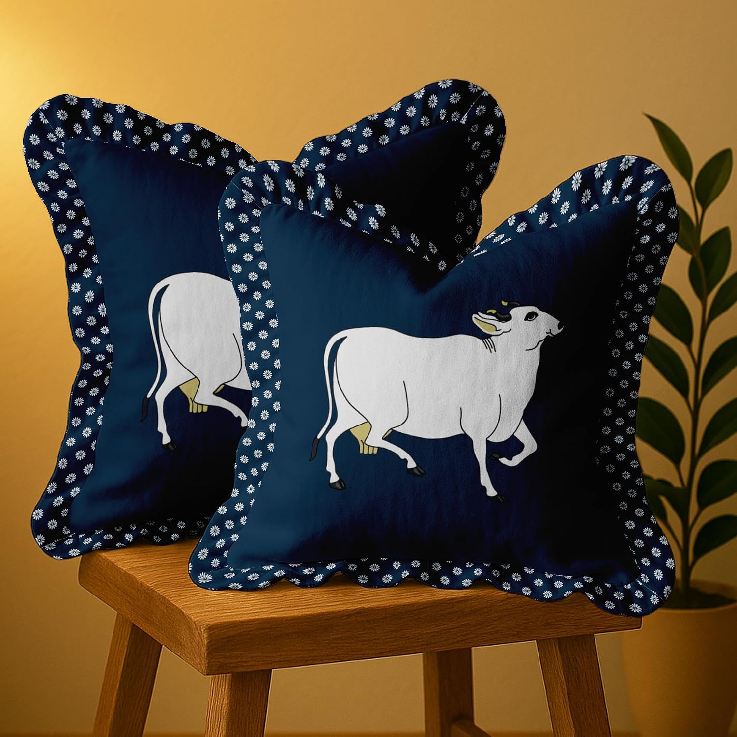 Animal Print, Decorative Cushion Covers 16x16-100% Cotton Twill Set of 2 with Ruffle Edges, Farmhouse Print, Concealed Zipper Closure, No Fillers