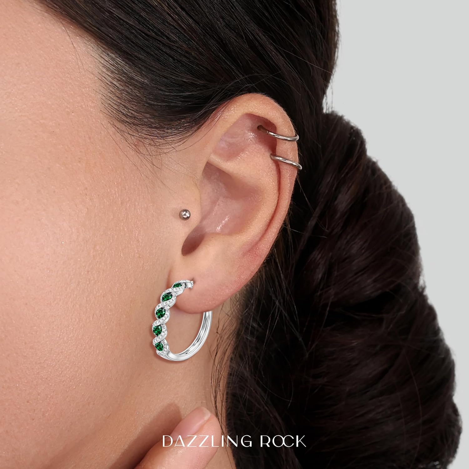 Dazzlingrock Collection Round Lab Created Gemstone & White Natural Diamond 5 Stone Swirl Hinged Post Hoop Earrings for Women in 925 Sterling Silver