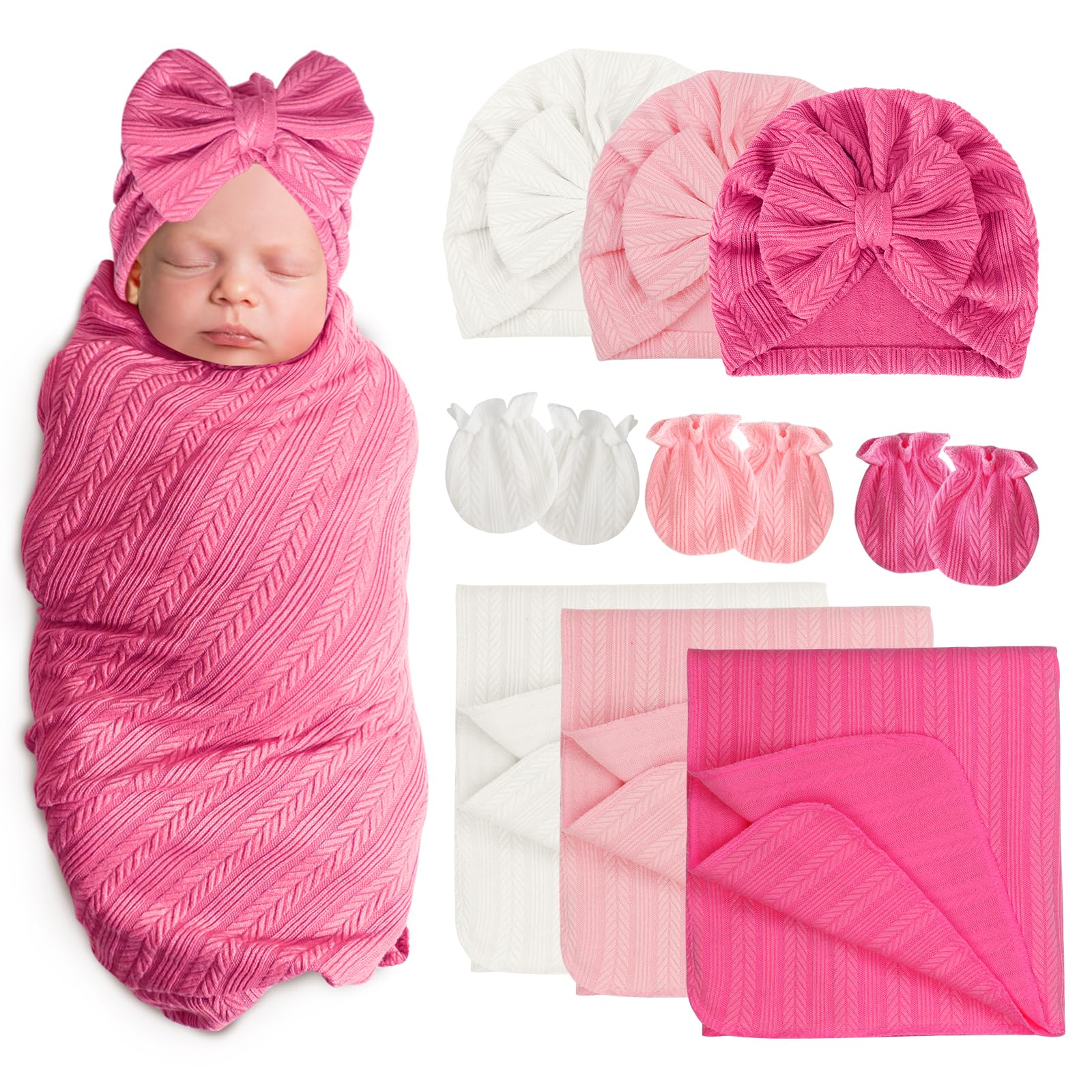 AQOKKA Newborn Receiving Blanket with Bow Hat Mittens Set Wheat-Pattern Newborns Toddler Baby Boy Girl Nursery Swaddle Wrap