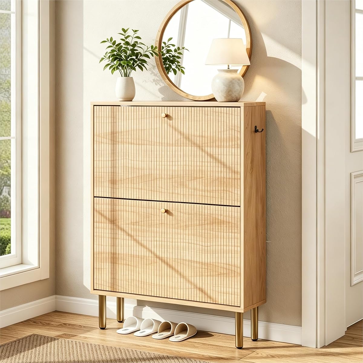 Nicetree Shoe Storage Cabinet for Entryway - Flip Shoe Cabinet with Tiered Fluted Design - Slim Shoe Storage Rack with Gold Legs - Narrow Shoe Cabinet Hidden Shoe Organizer for Small Spaces
