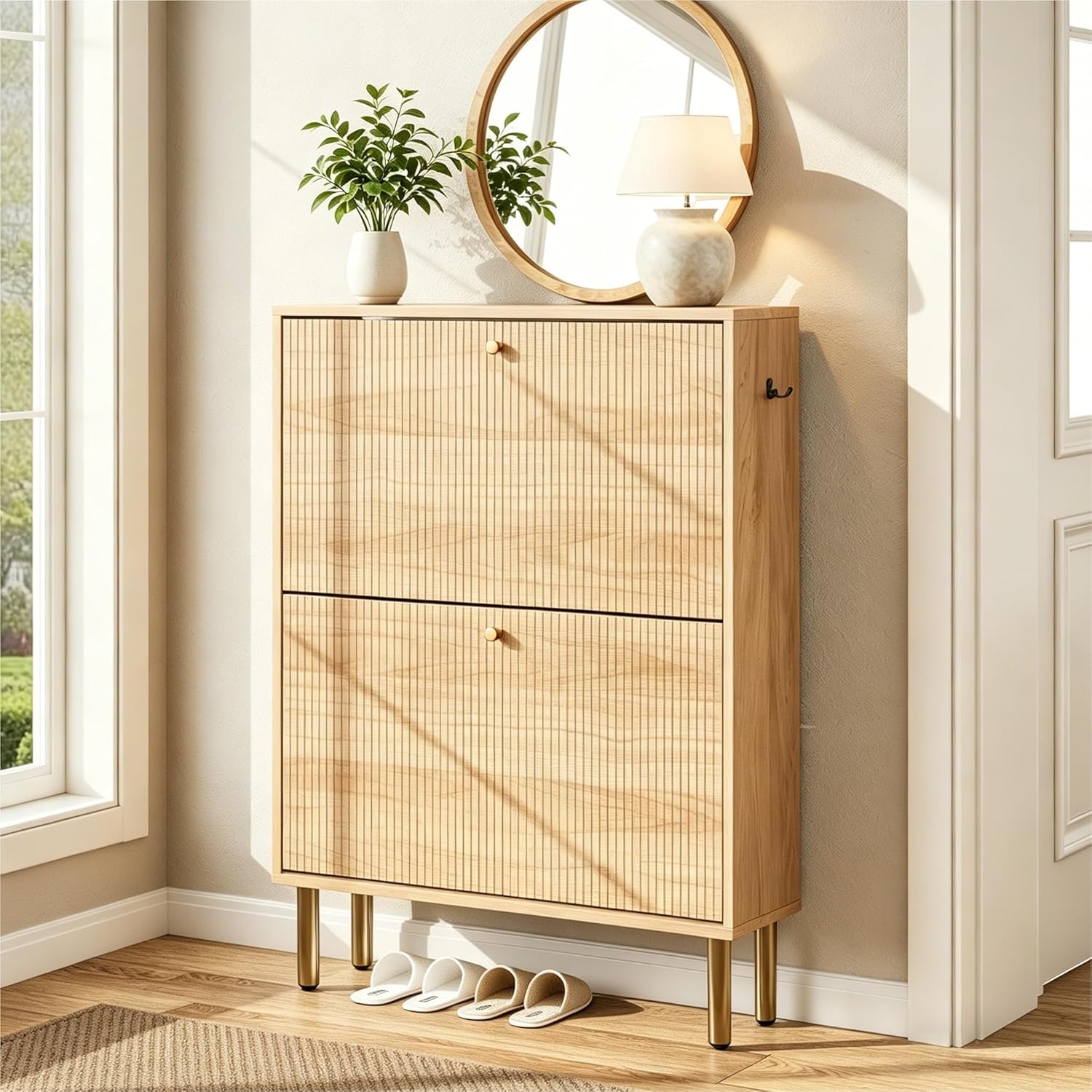 Shoe Storage Cabinet for Entryway - Ultra Slim Shoe Cabinet with Tiered Fluted Design - Modern Shoe Organizer for Entryway with Gold Legs, Hidden Shoe Rack for Small Spaces, Fits Men's Size 13.5
