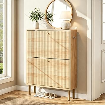 Nicetree Shoe Storage Cabinet for Entryway - Flip Shoe Cabinet with Tiered Fluted Design - Slim Shoe Storage Rack with Gold Legs - Narrow Shoe Cabinet Hidden Shoe Organizer for Small Spaces