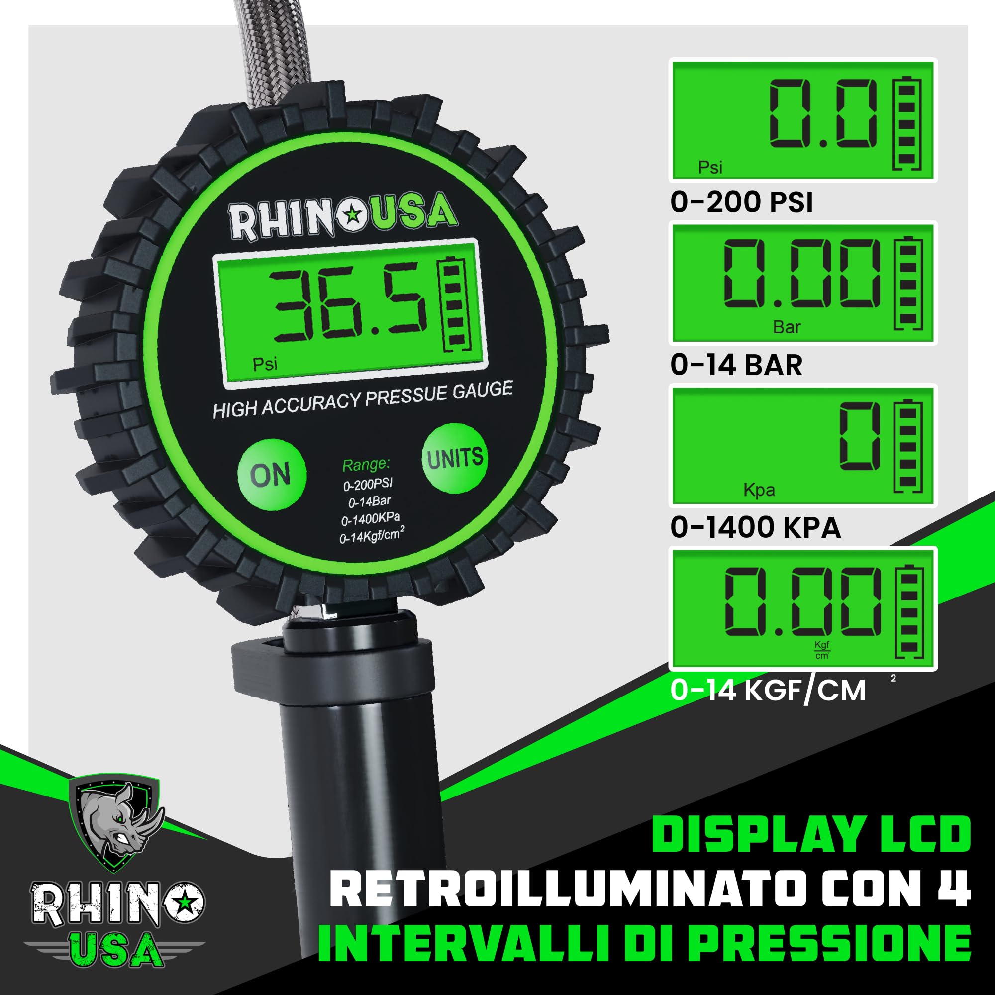 Gonfiatore Pneumatici Digitale Rhino - Manometro 0-1400 KPa, Ottone Massiccio, Per Auto E Moto - Foto 3