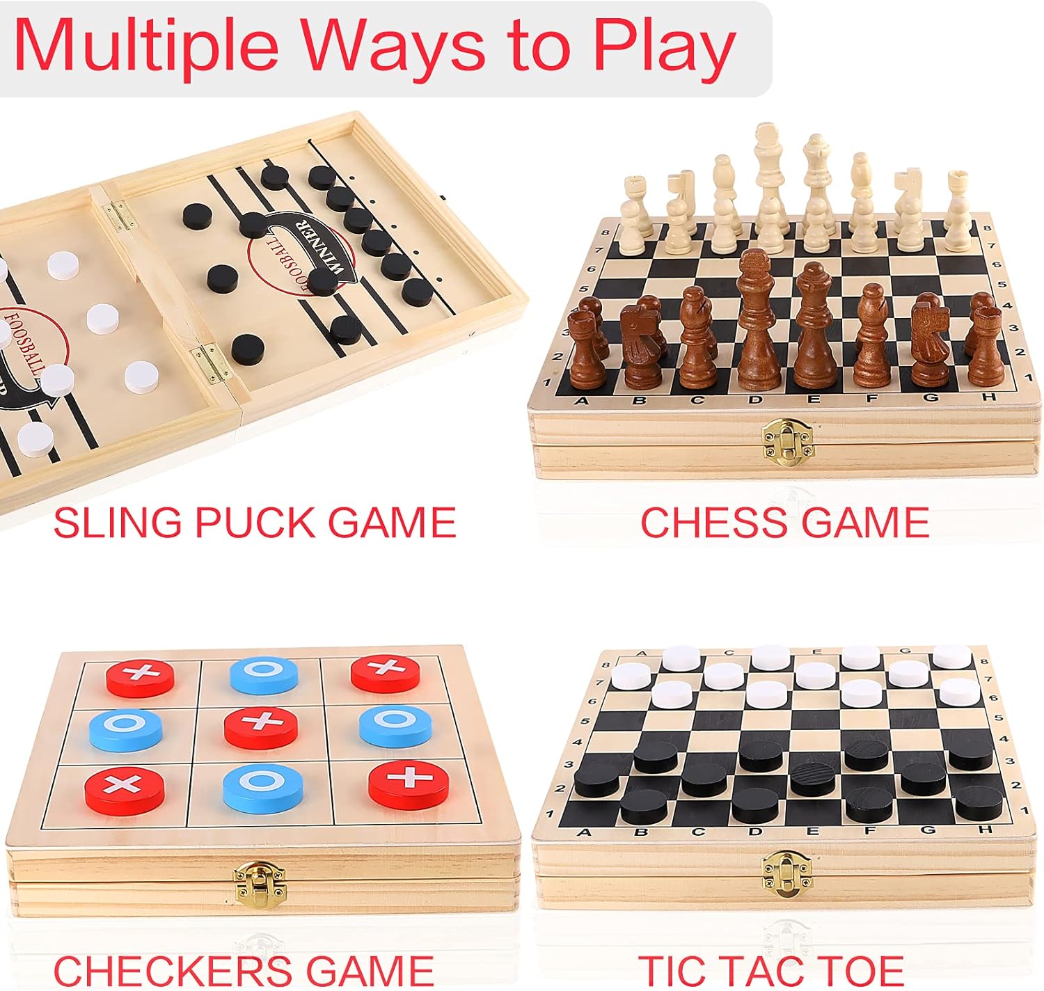 Sling Puck Game, Chess Checkers Game Set, 4 in 1 Folding Wooden Board Game, Fast Hockey Table Game, Portable Tabletop Tic Tac Toe Slingshot Chess Set for Kids and Adults