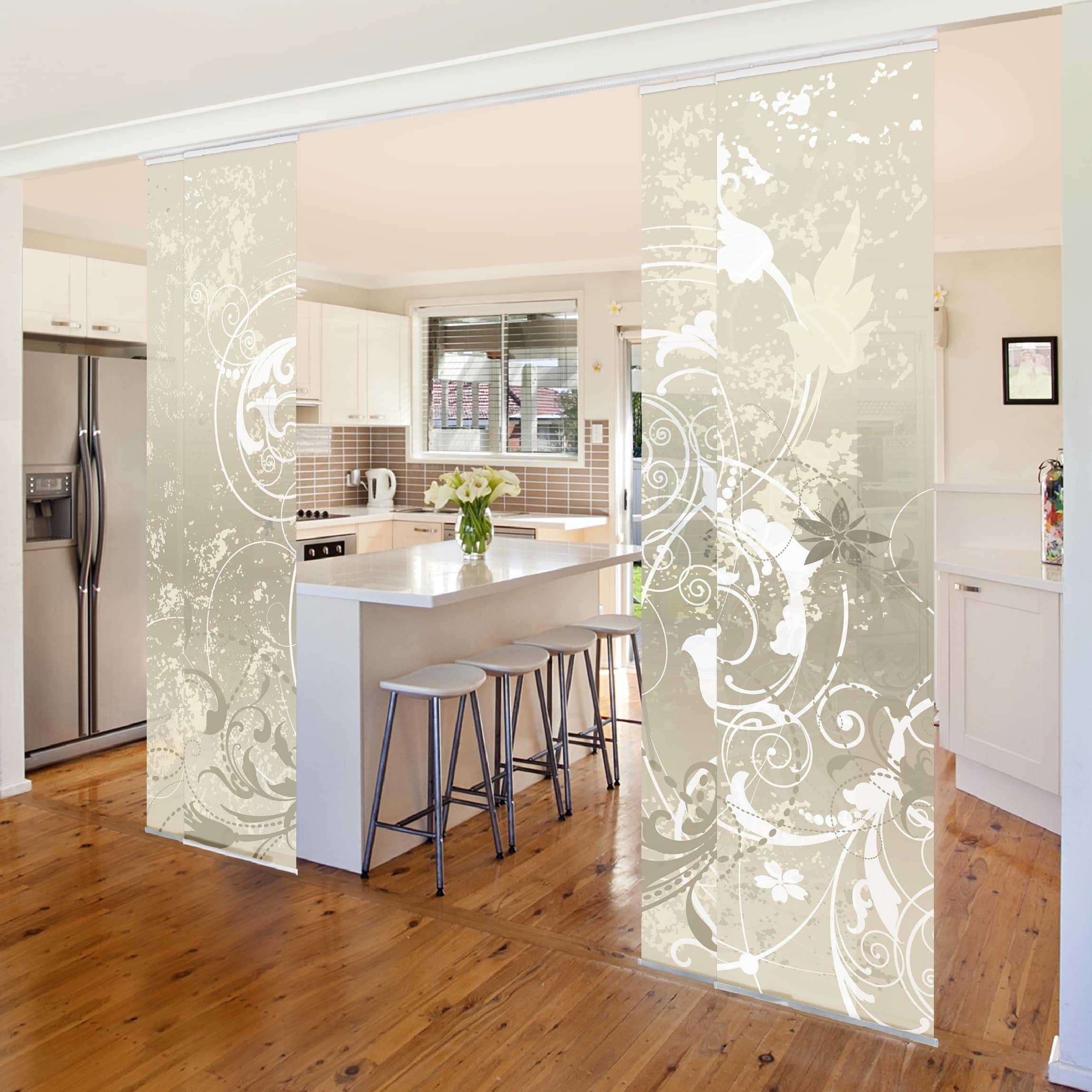 Schiebegardine halbtransparent 60er Paneel Klett Muster Textil lichtdurchlässig - Ornamente Modern Flächenvorhang Wohnzimmer Schlafzimmer 1542 (240x250 cm - 4er Set)
