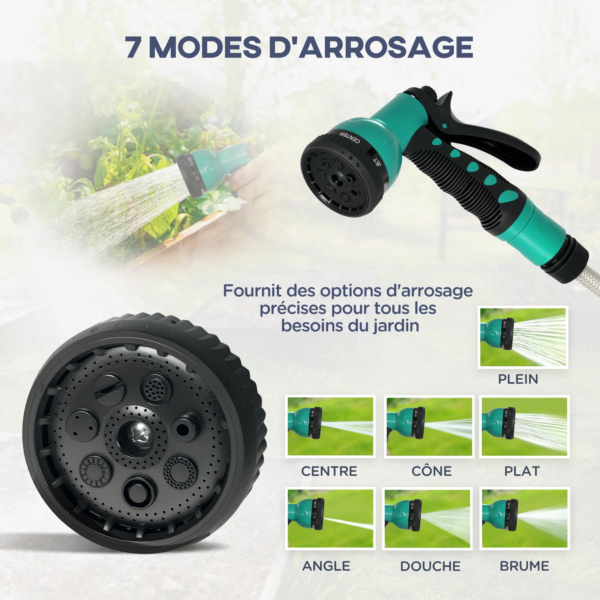 Outsunny Enrouleur tuyau arrosage, dévidoir de tuyaux d'eau, 25+2 m, avec support mural + poignée, pivotant à 180°, 7 options de jets d'arrosage, gris clair