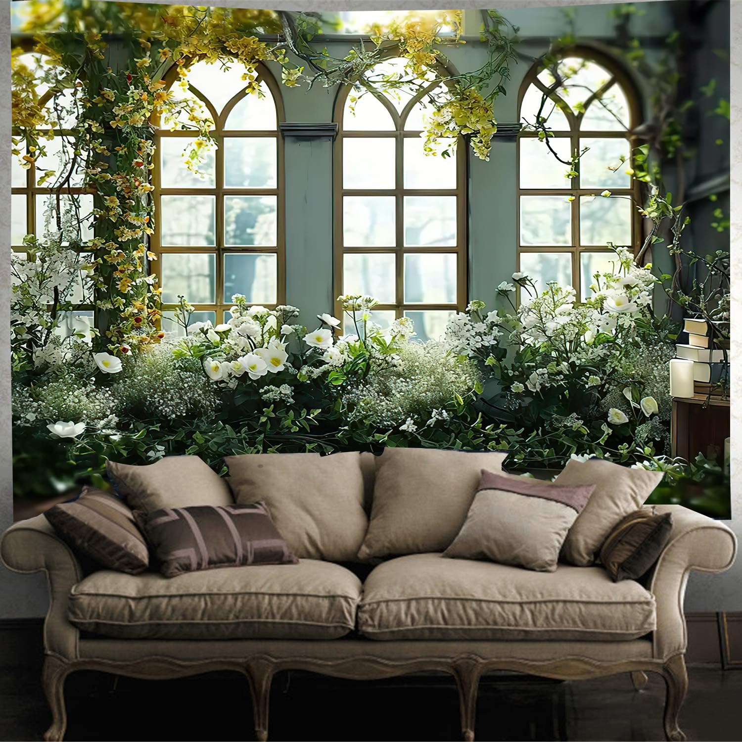 FENDROM Window View White Flower Tapestry Nature Landscape Classic Flower Vine Wall Hanging Party Decorations For Bedroom Living Room Dorm - Image 2
