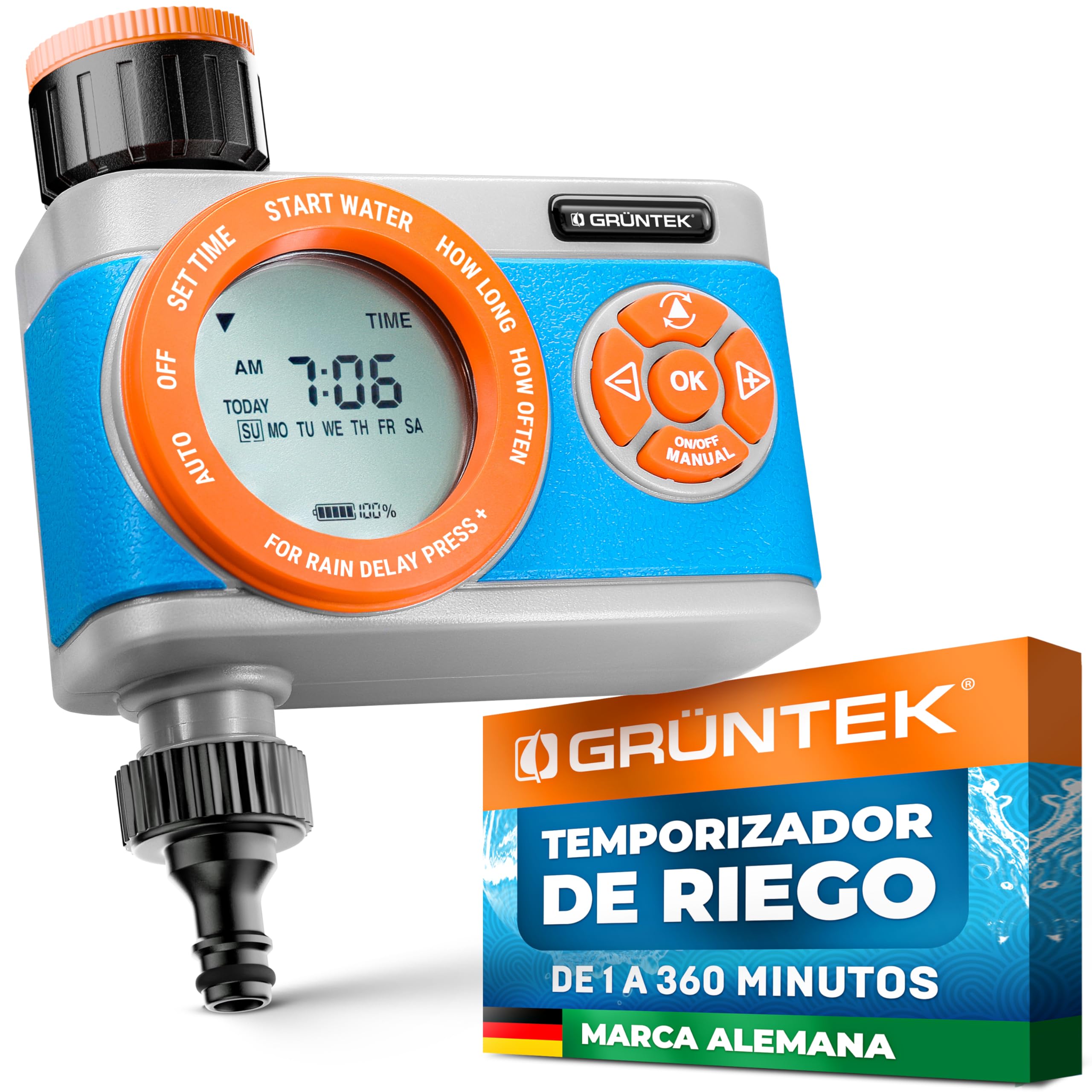 GRÜNTEK Programador de Riego Jardín con Temporizador Automático - Aspersor con Programa multifunción y duración de 1 a 360 min. Gris, naranja, Azul