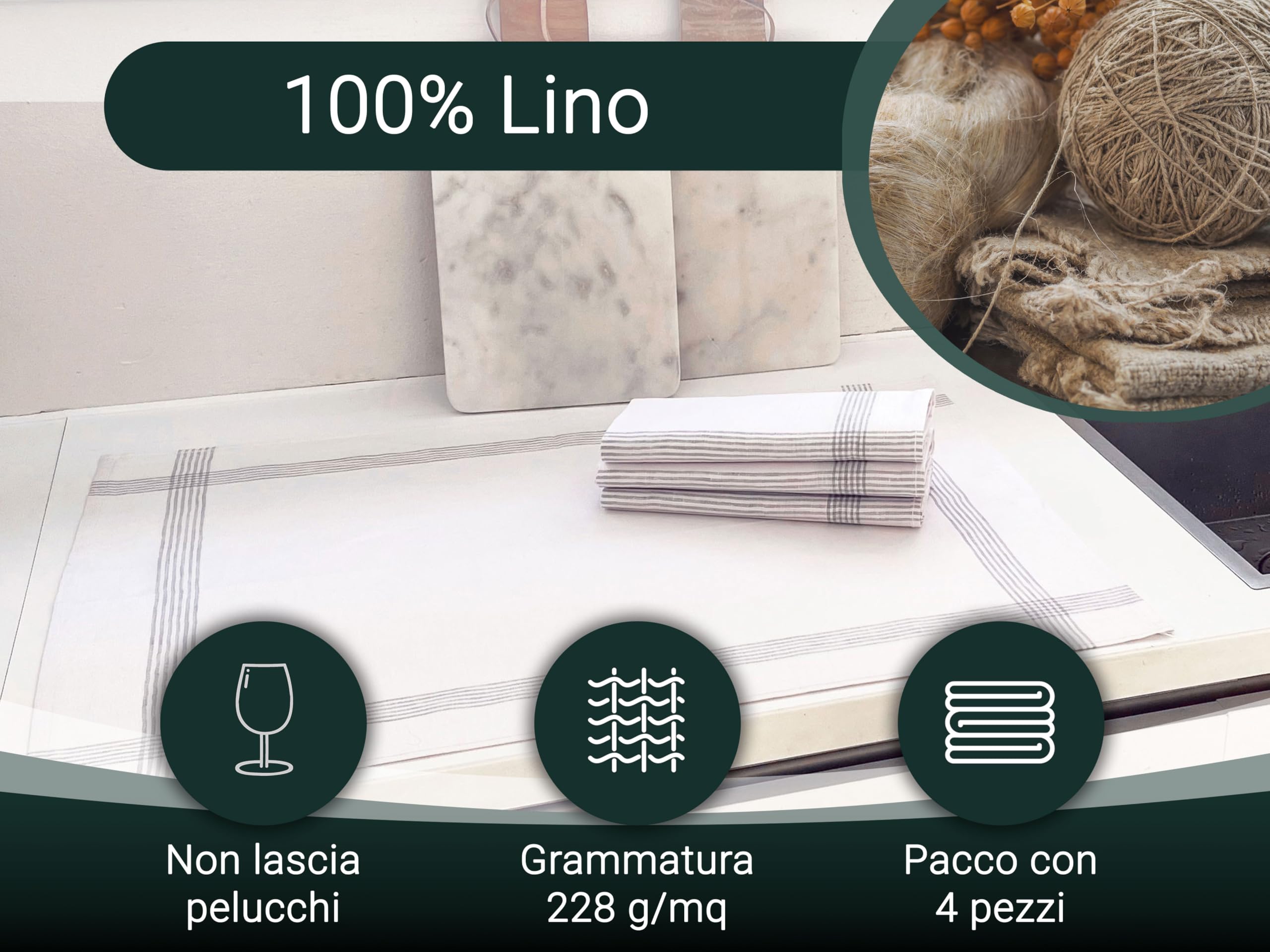 ZOLLNER 4 strofinacci 100% lino, 50x70 cm, bianco con righe grigio chiaro