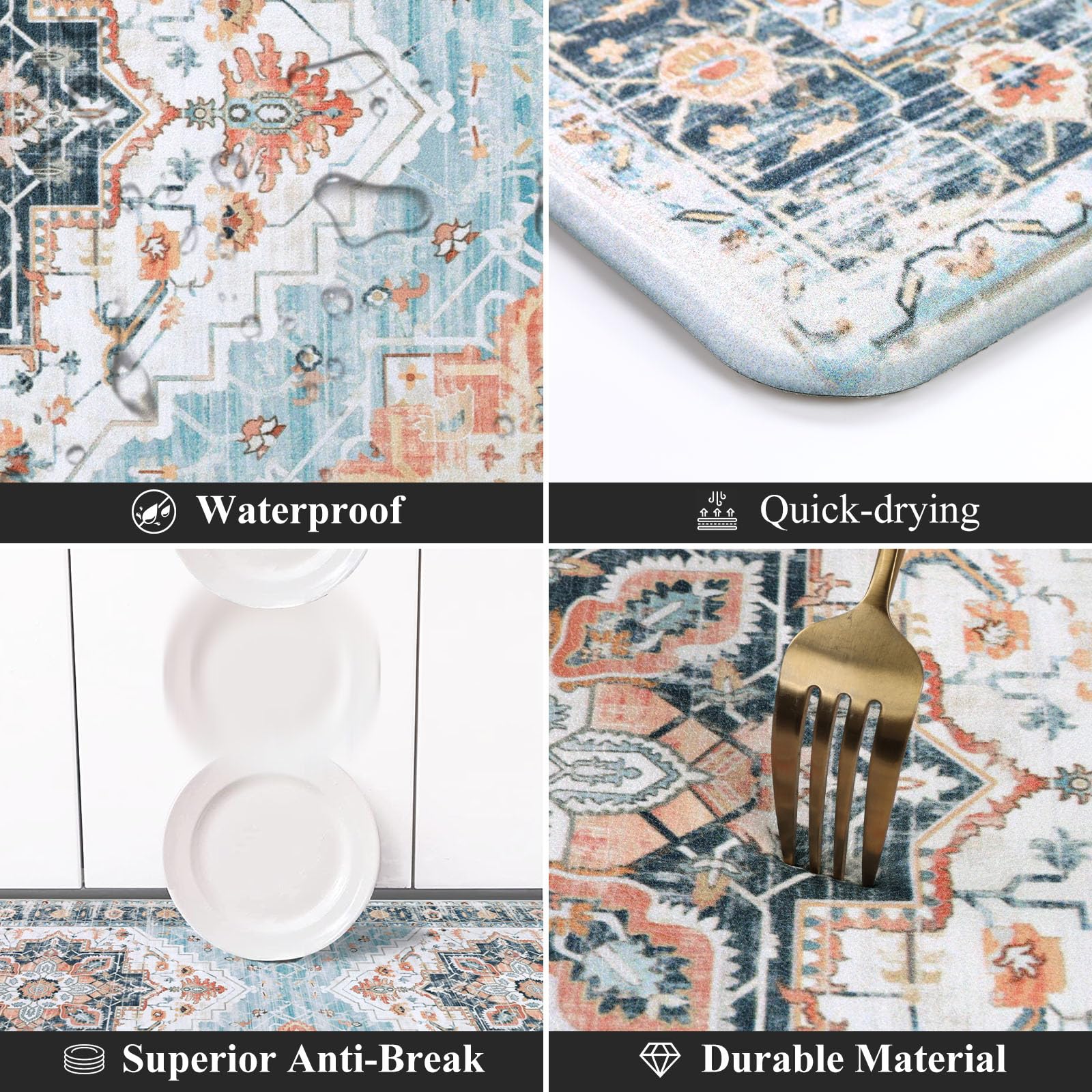 Boho - 3 Alfombrillas antifatiga para Cocina, Resistentes a Las Manchas, Parte Inferior Antideslizante, Comodidad ergonómica de PVC, Impermeable y Duradera, Estilo Granja