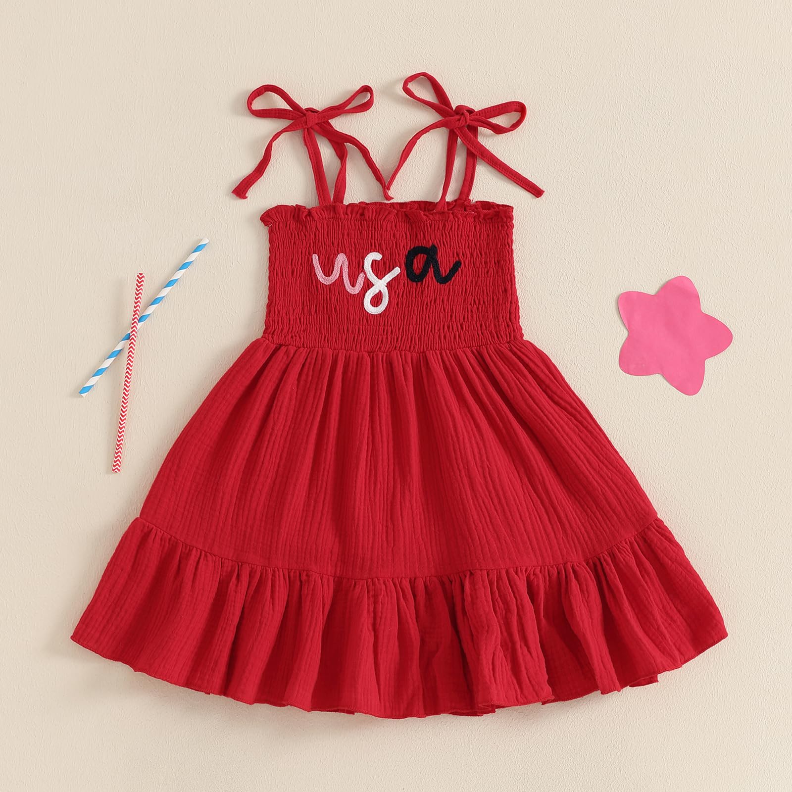 Toddler Baby Girl 4th of July Dress Sleeveless USA Letter Embroidery Smocked Strap A-line Dress (Red, 2-3 Years)