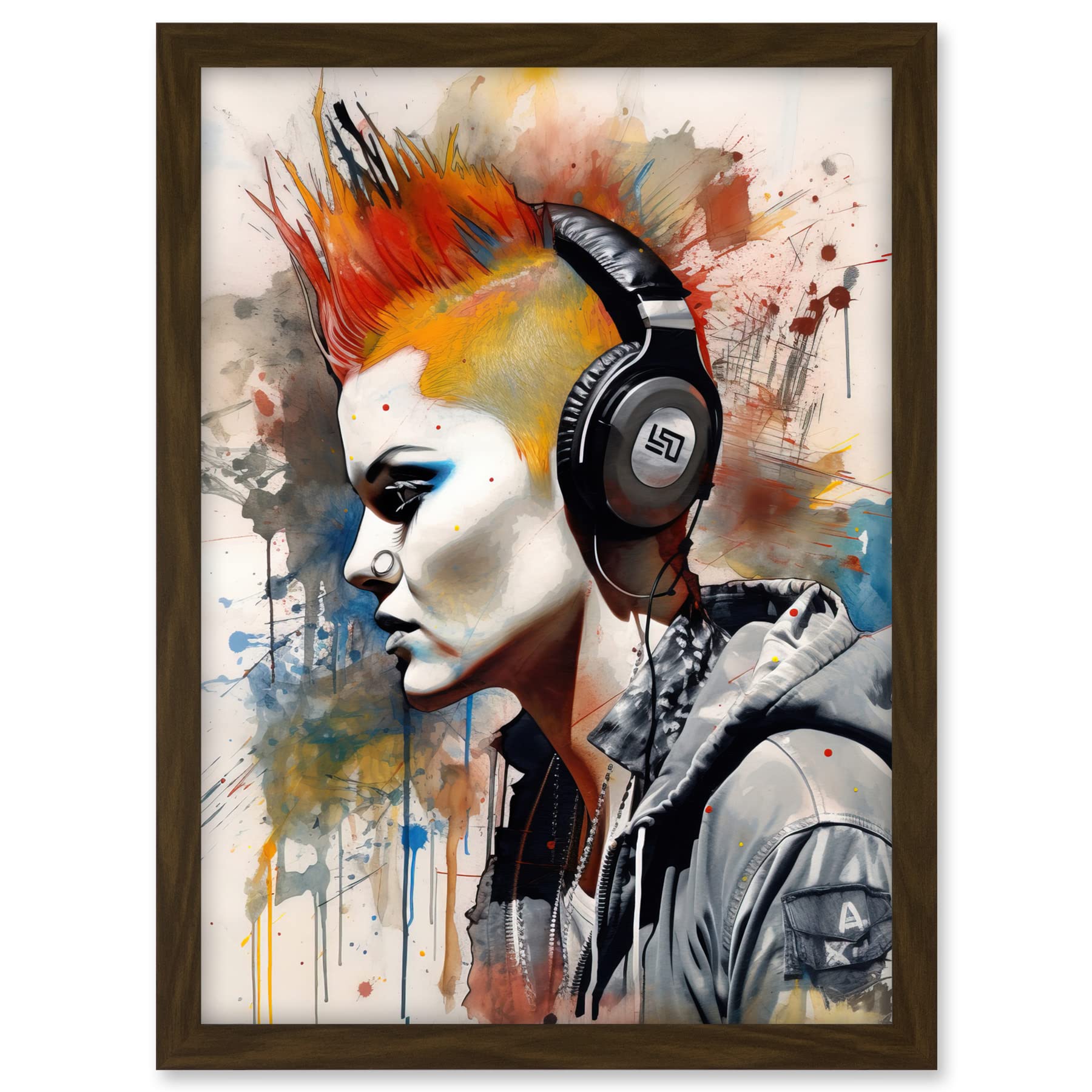 Artery8 Edgy Young Punk Woman with Red Mohawk and Headphones Listening to Music Modern Watercolour Painting Artwork Framed A3 Wall Art Print